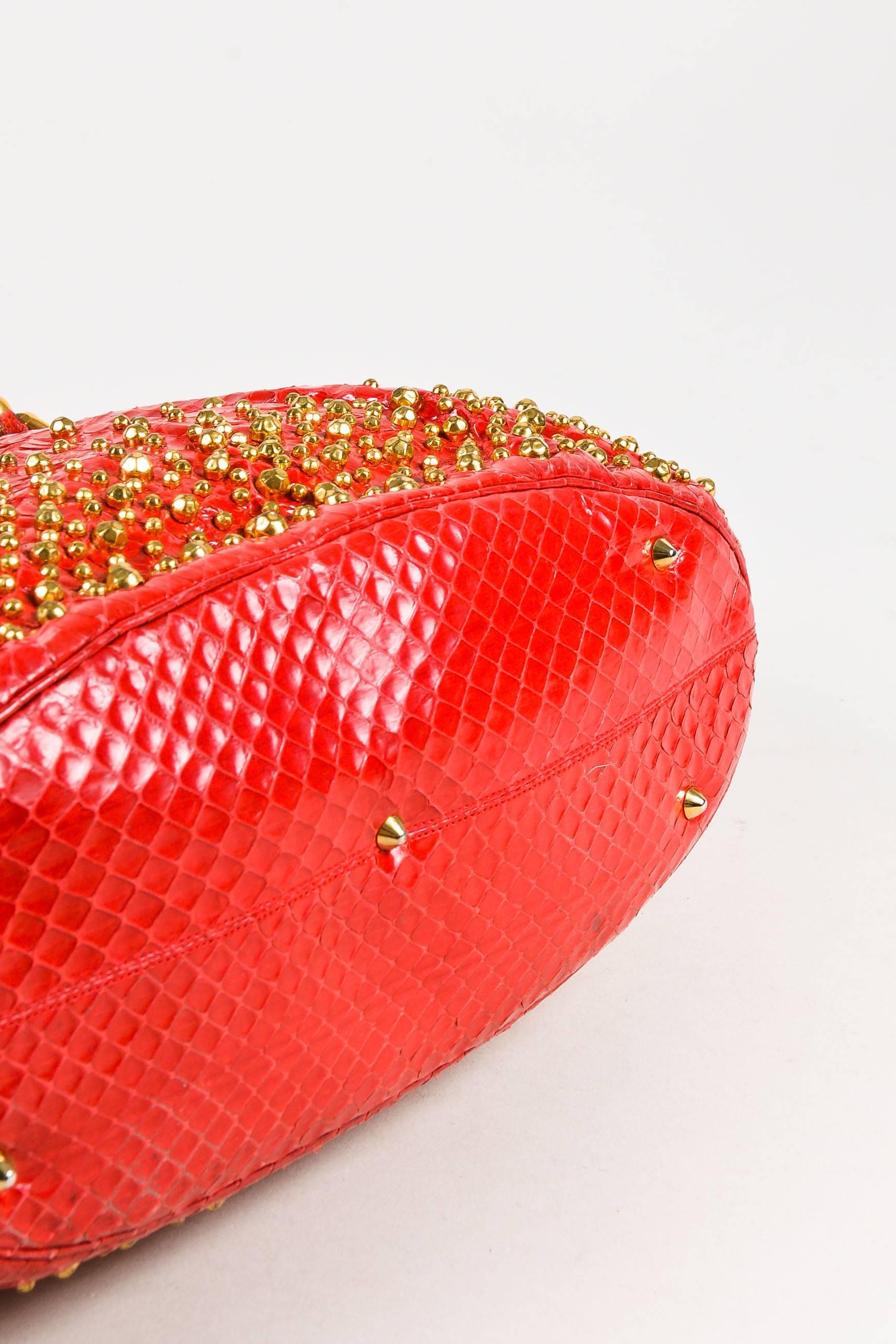 Vintage Judith Lieber Red Python Gold Tone Studded Pleated Chain Link Strap Bag  In Good Condition For Sale In Chicago, IL