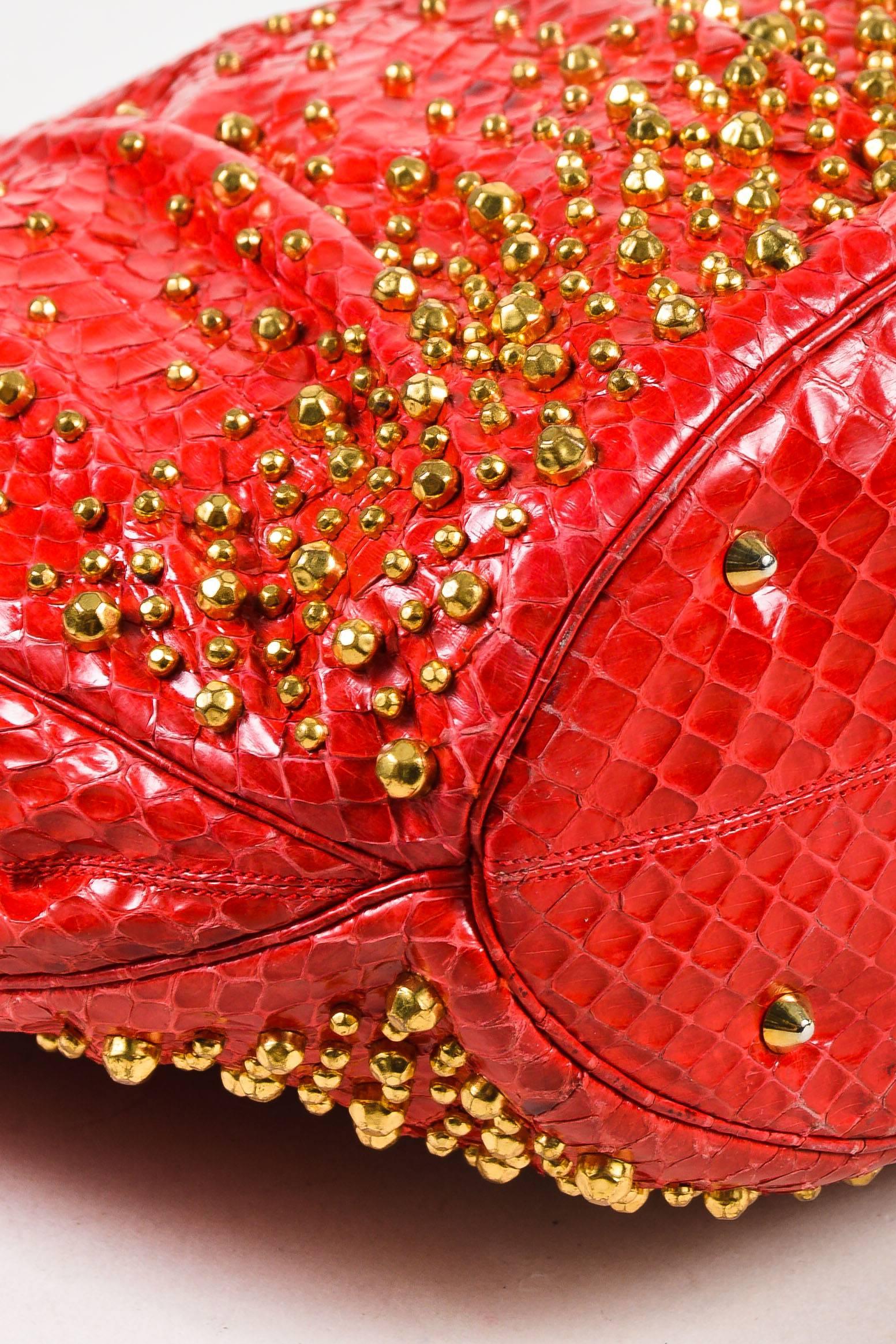 Women's Vintage Judith Lieber Red Python Gold Tone Studded Pleated Chain Link Strap Bag  For Sale