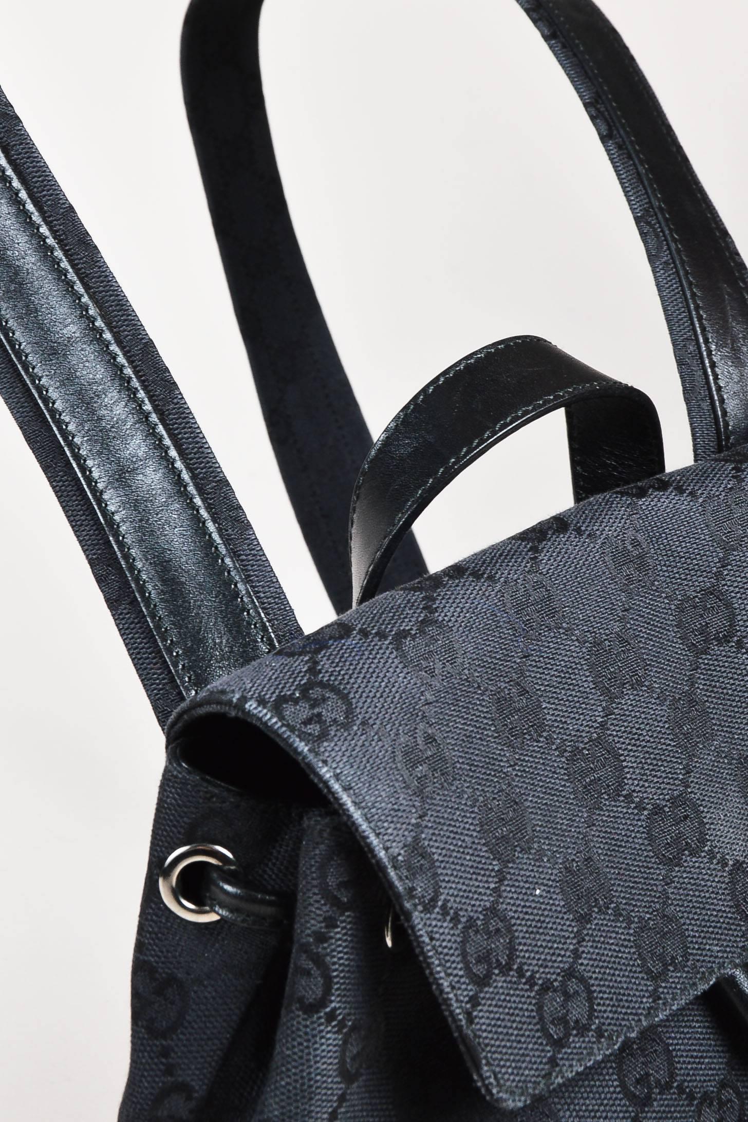 Vintage Gucci Black Canvas & Leather 'GG' Monogram Drawstring Mini Backpack For Sale 2