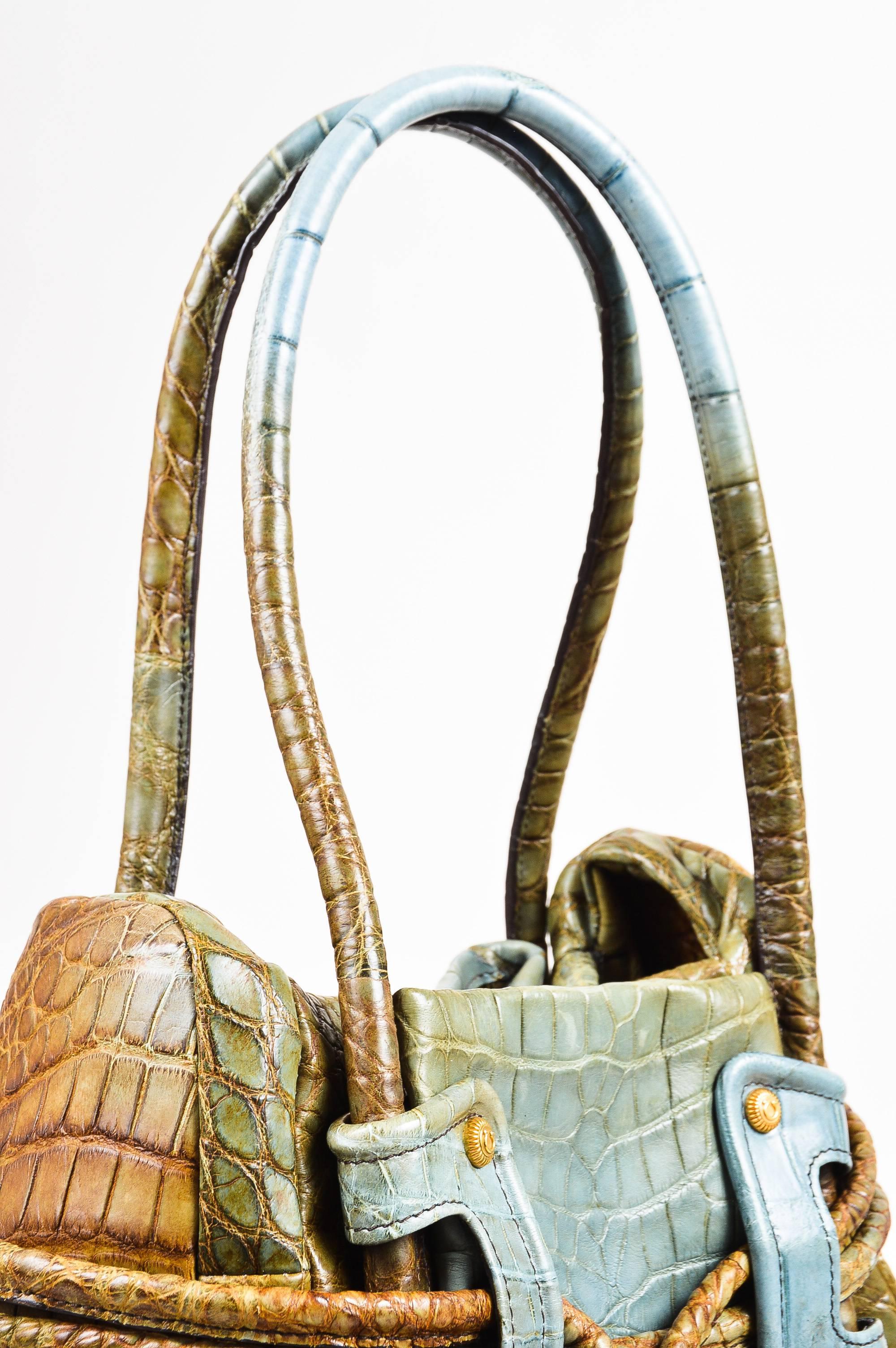 Salvatore Ferragamo Olive Green Light Teal Alligator GHW Bucket Bag In Good Condition For Sale In Chicago, IL
