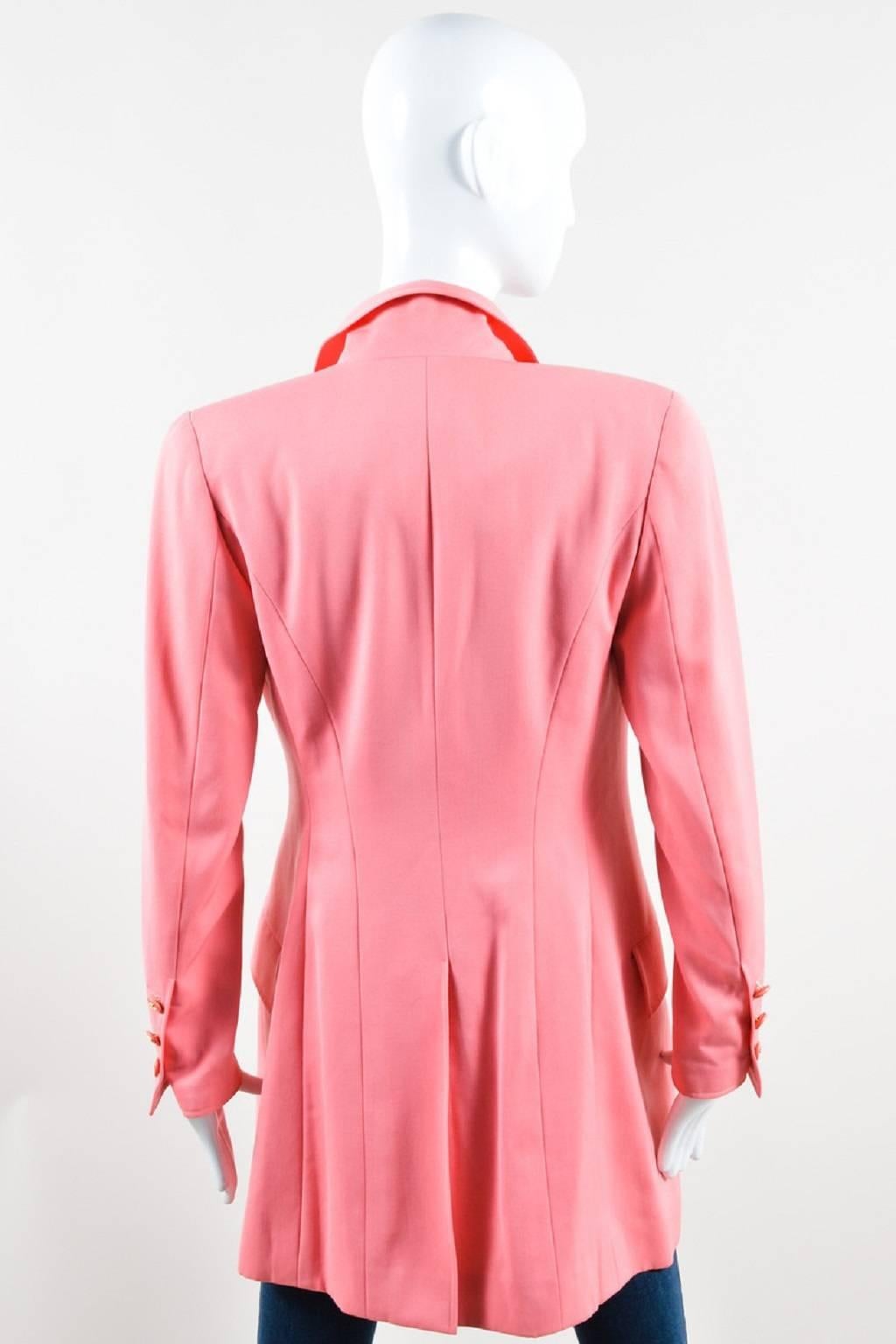 Chanel Pink Wool Gold Tone 'CC' Button Long Jacket In Fair Condition For Sale In Chicago, IL
