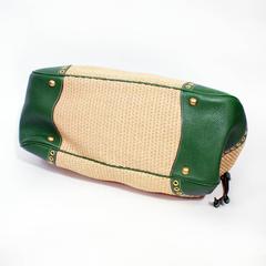Prada Green Leather Woven Straw Tote Handbag