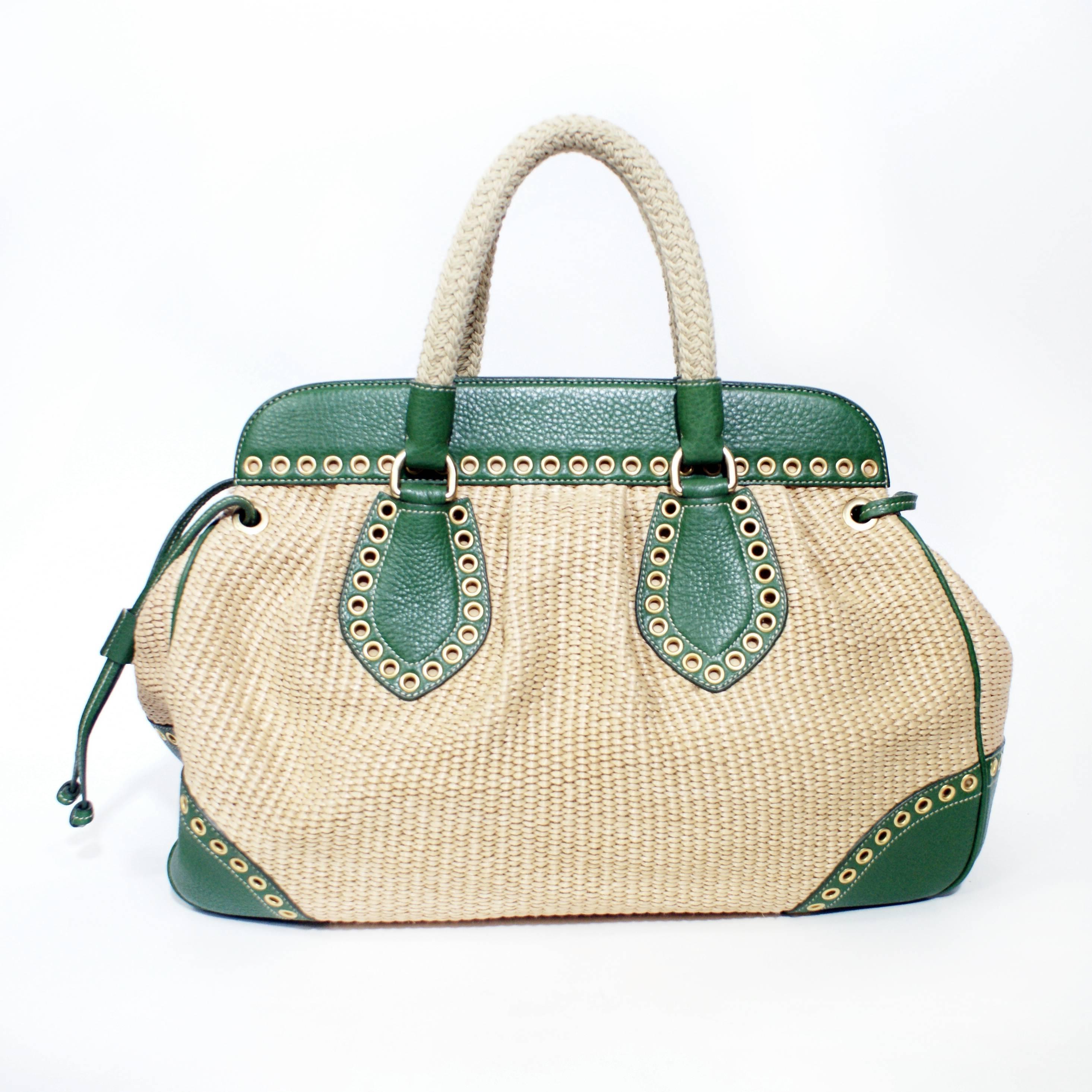 Beige Prada Green Leather Woven Straw Tote Handbag 