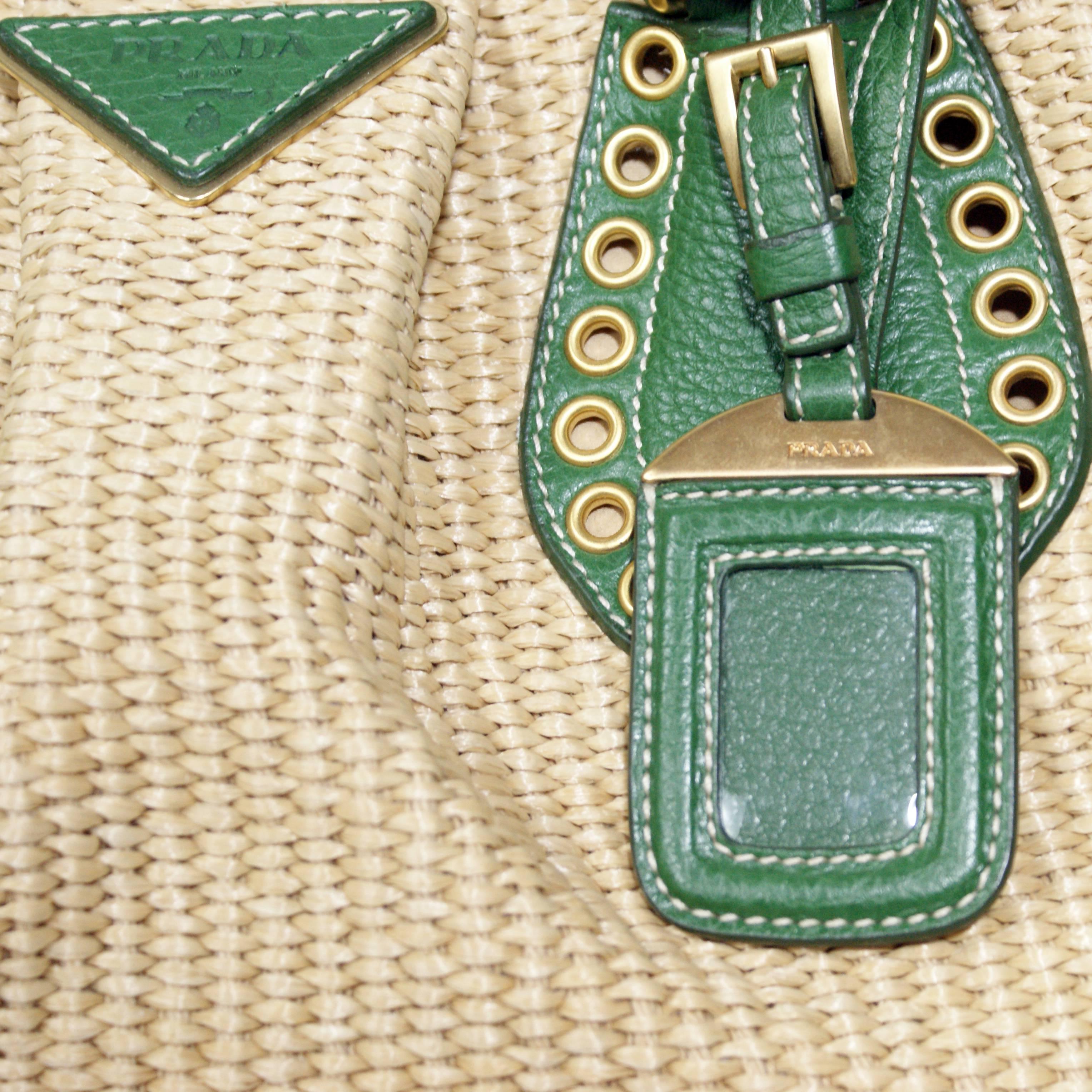 Women's Prada Green Leather Woven Straw Tote Handbag 