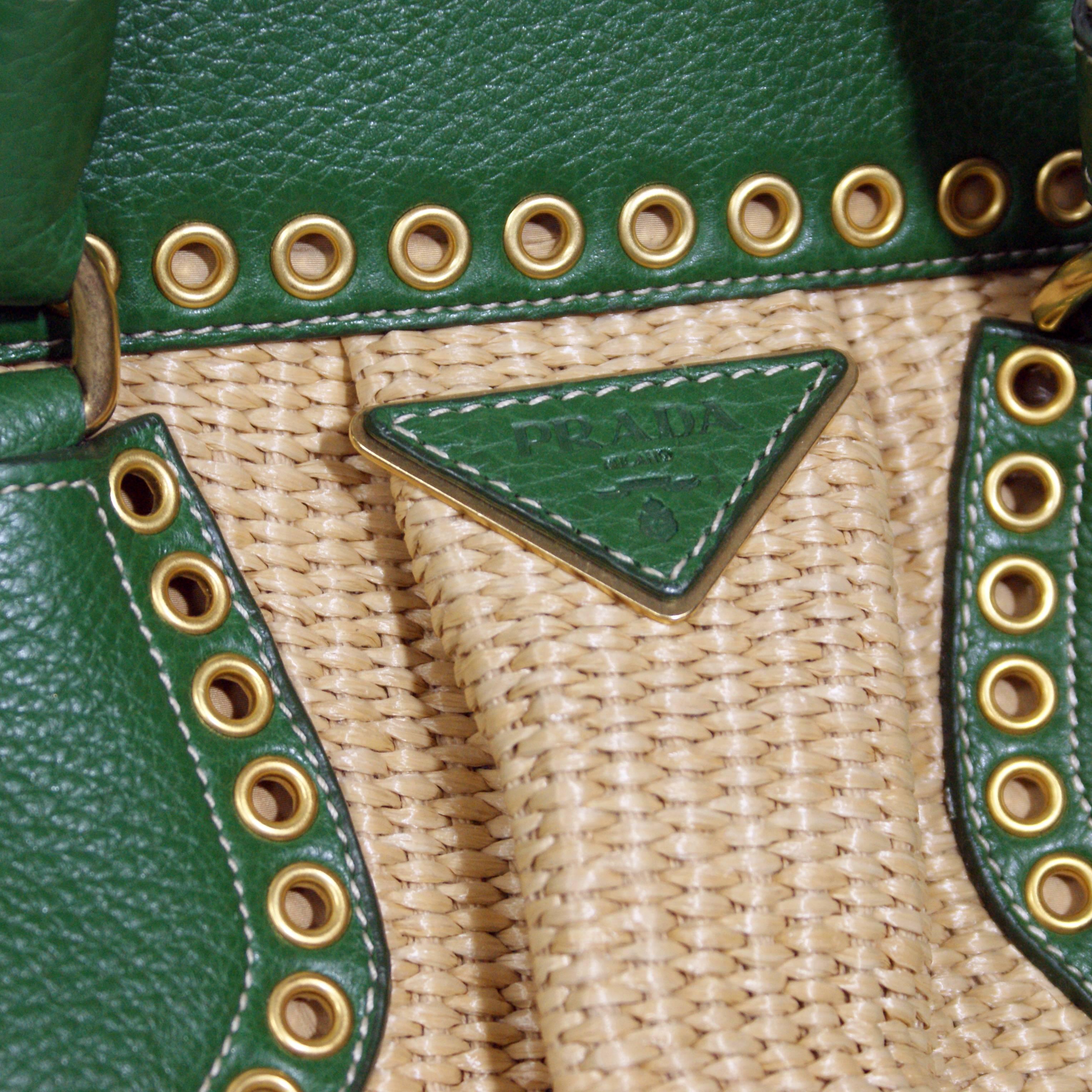 Prada Green Leather Woven Straw Tote Handbag  1