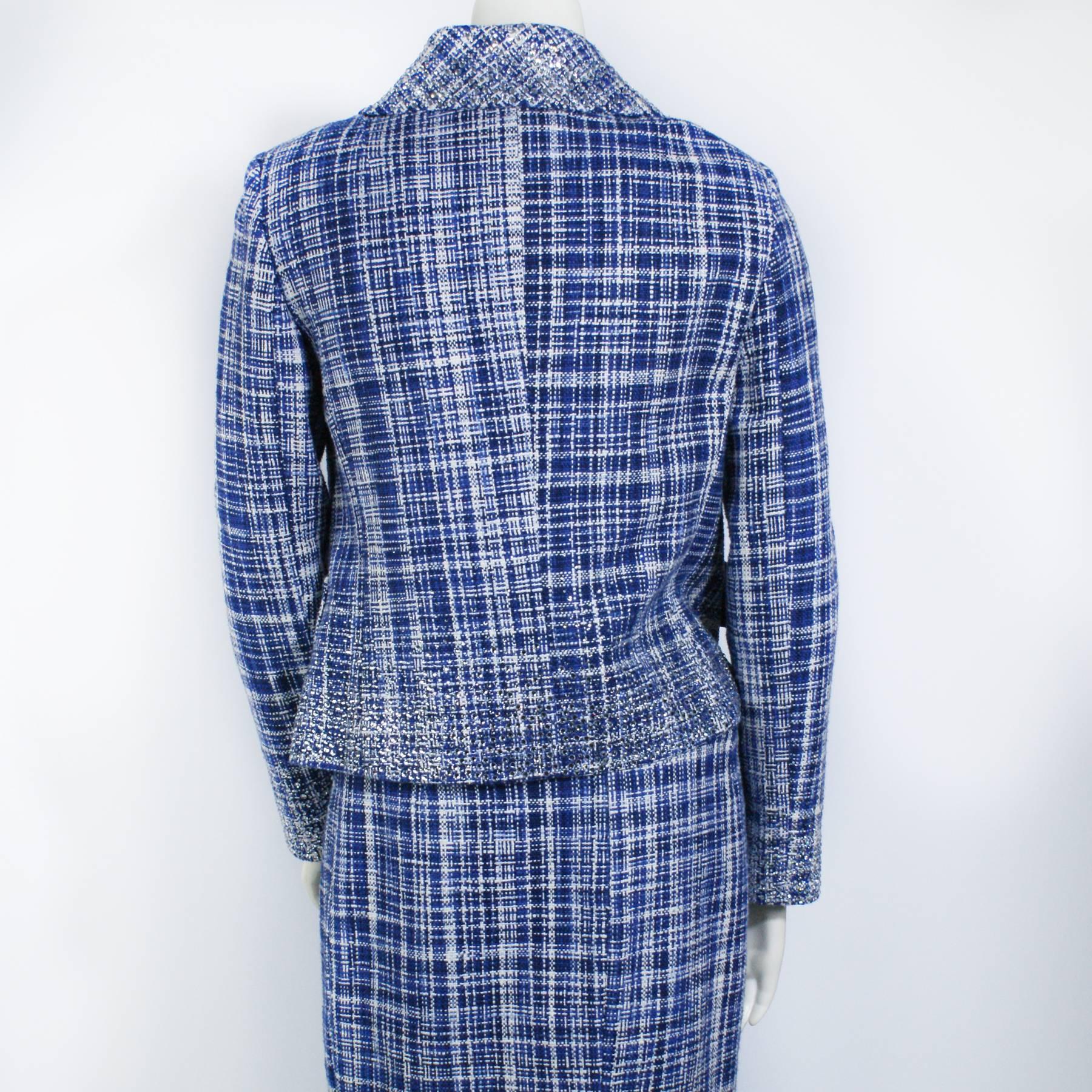 Women's Dolce & Gabbana Navy Plaid Beaded Two Piece Skirt And Jacket Set