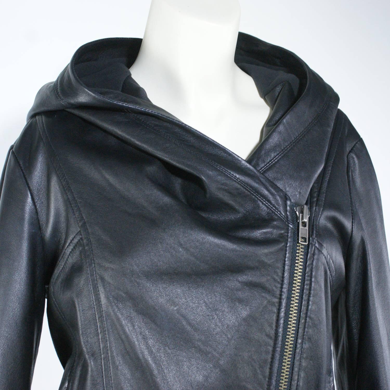 Women's Helmut Lang Black Leather Hooded Jacket 