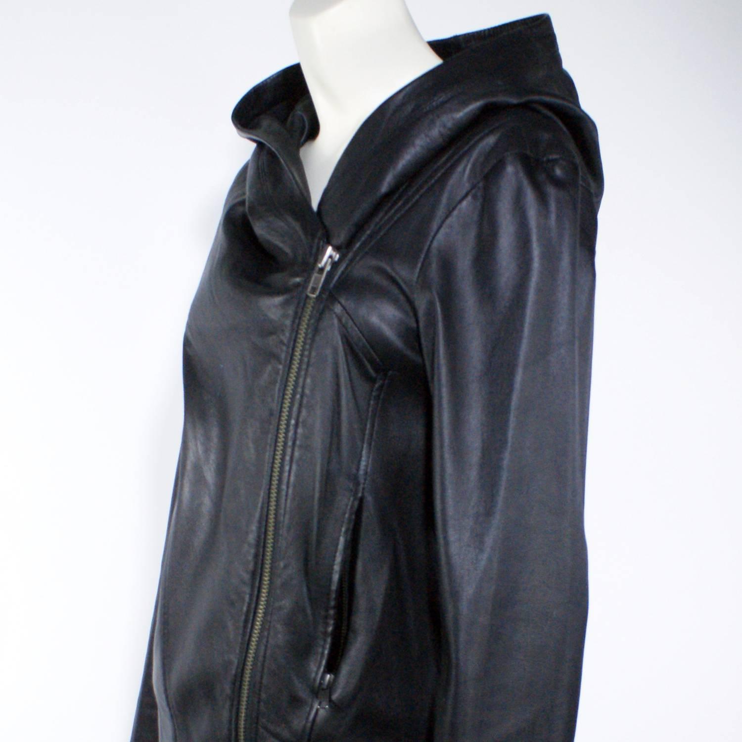 Helmut Lang Black Leather Hooded Jacket  In Excellent Condition In Narberth, PA