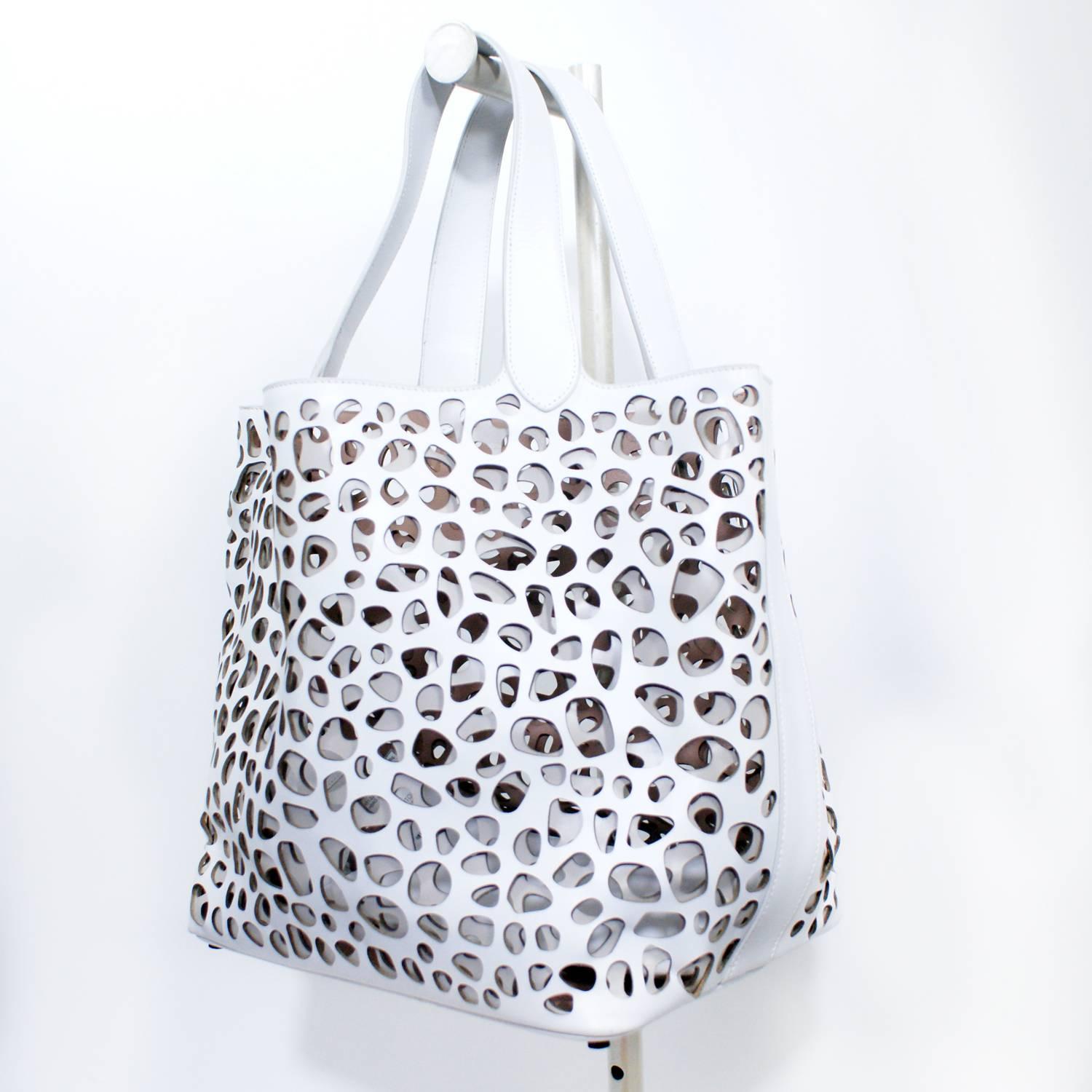 Gray Alaia White and Taupe Cutout  Tote Purse For Sale