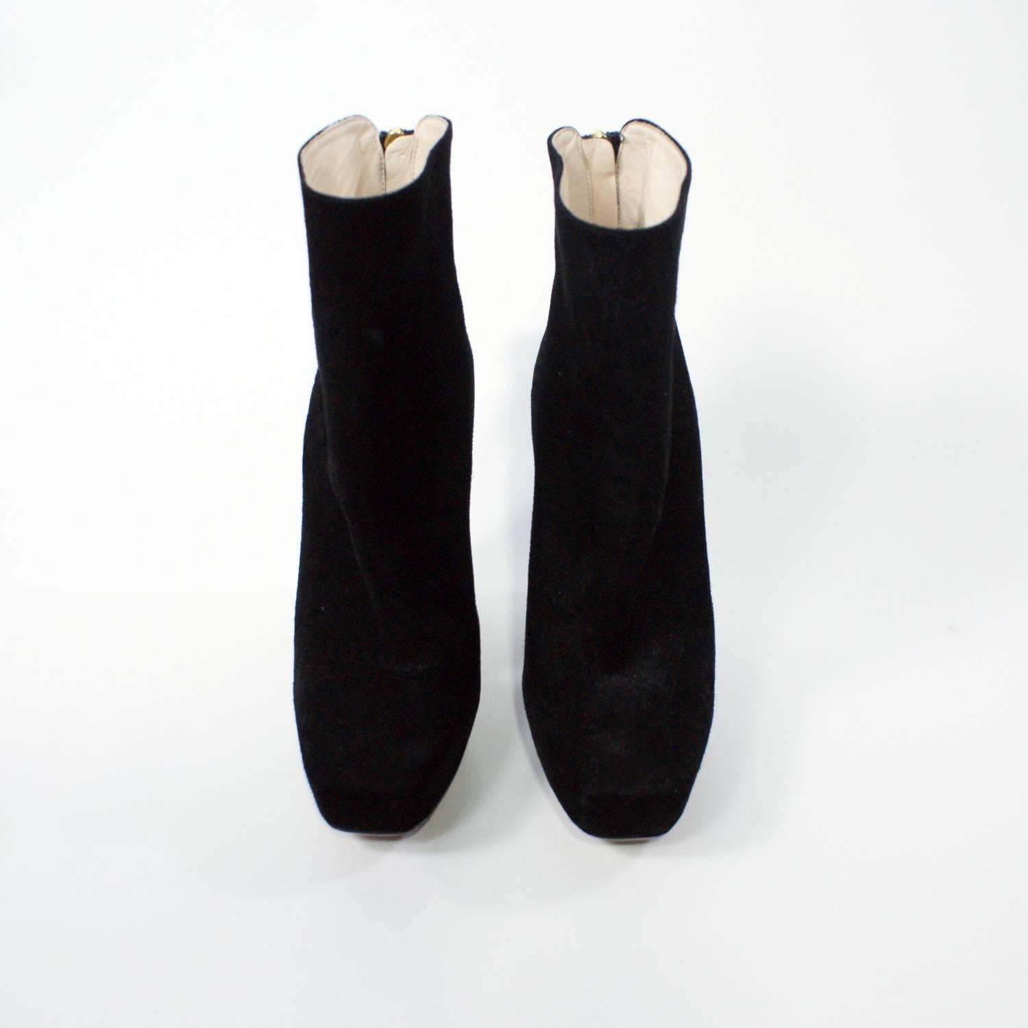 Prada Black Suede Thick Heel Ankle Boots For Sale 2