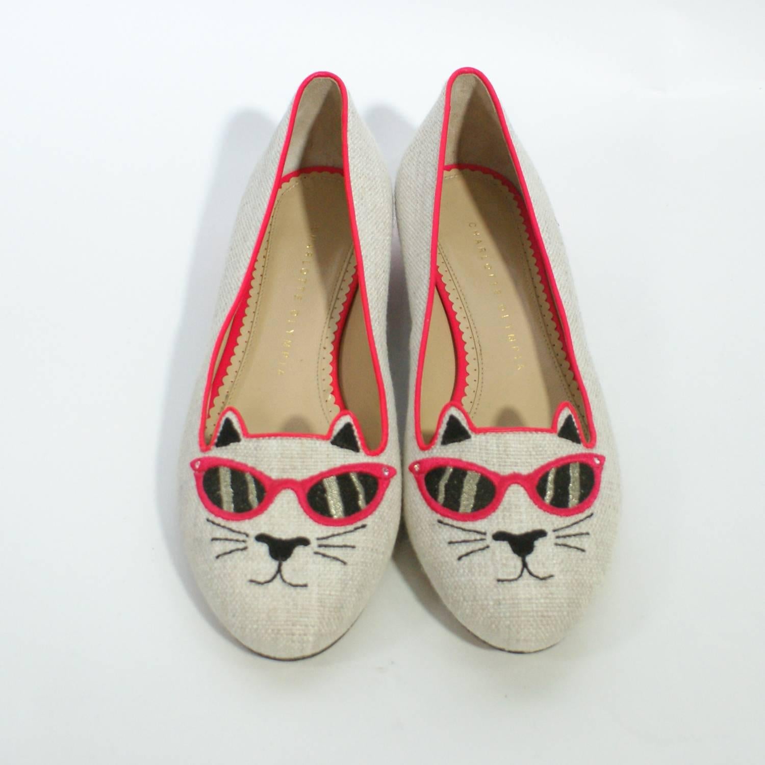 Beige Charlotte Olympia Cat With Sunglasses Loafers  For Sale