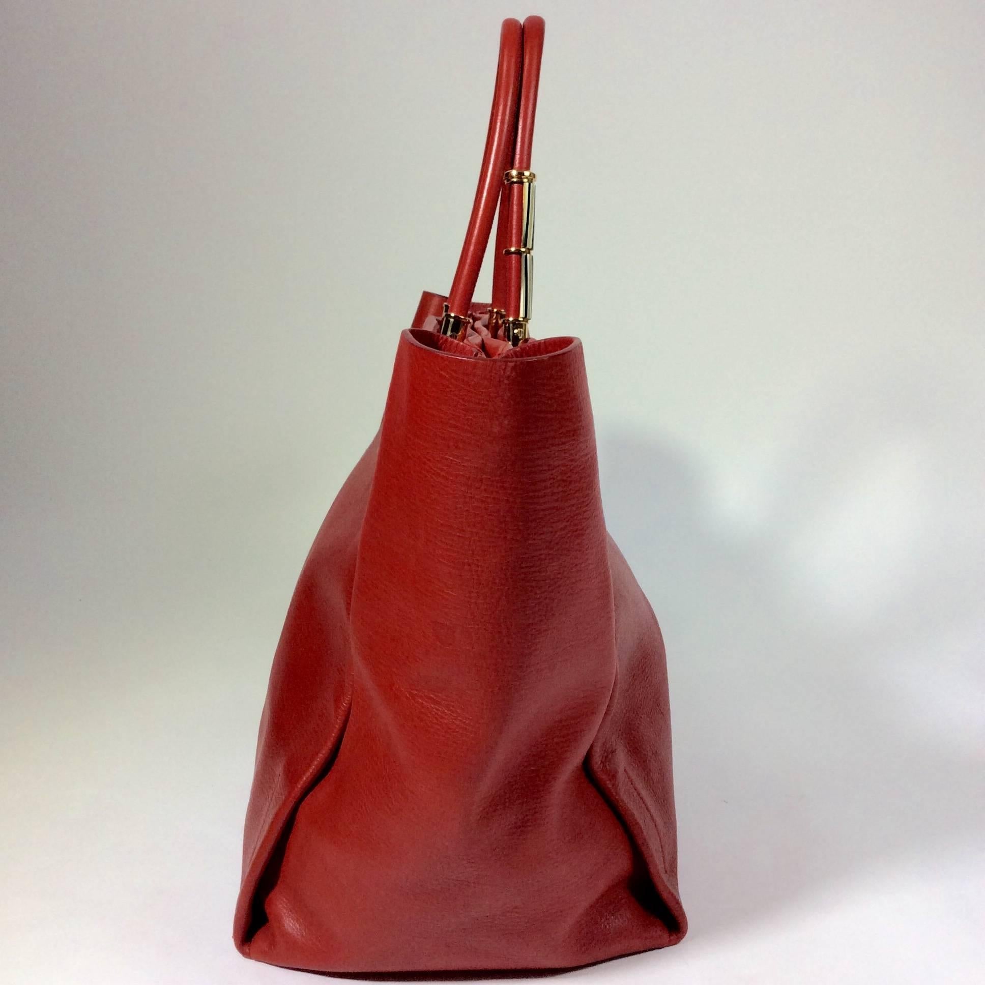 Lanvin Red Leather Tote with Gold Hardware In Excellent Condition For Sale In Narberth, PA