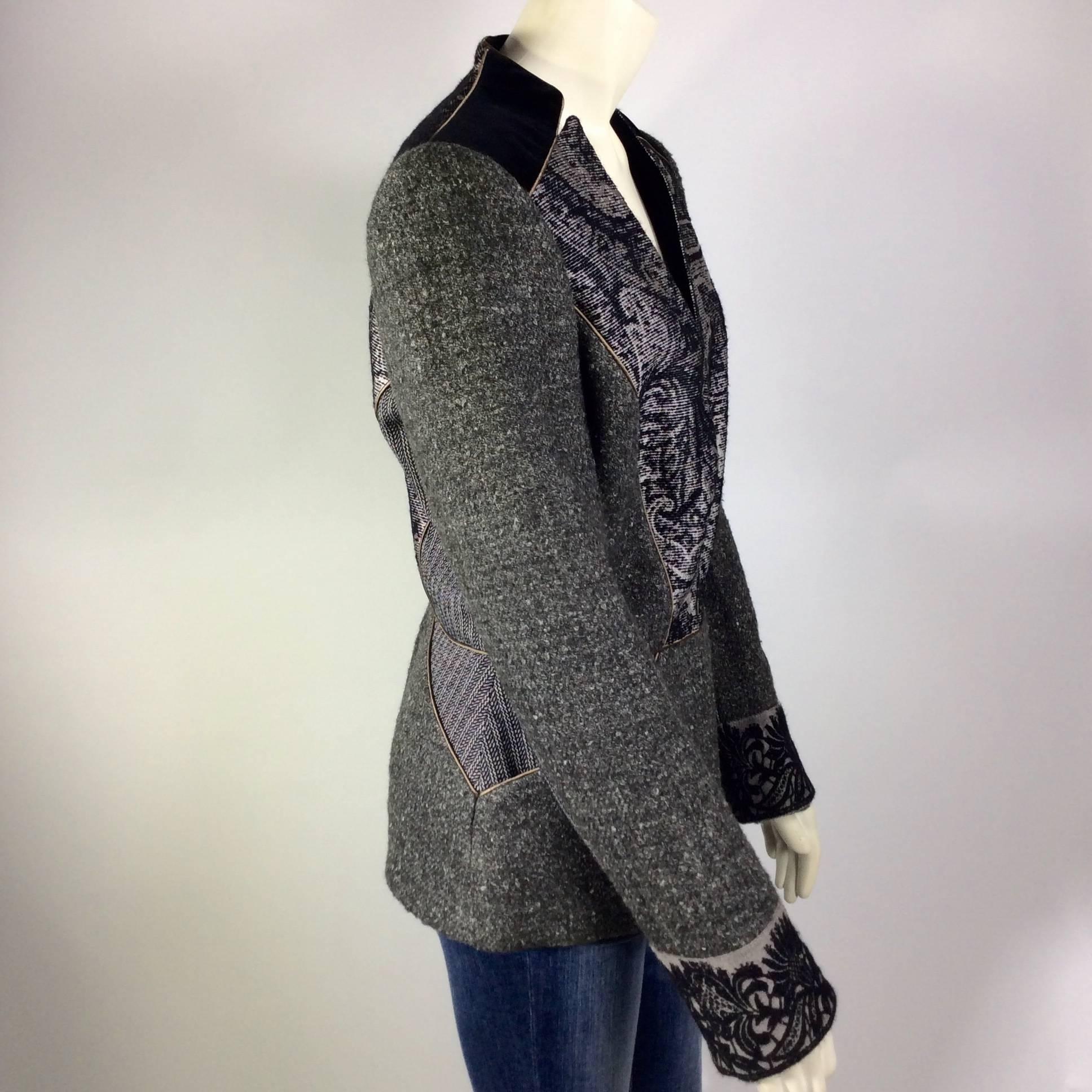 Gray Etro Grey Wool and Black Brocade Blazer with Taupe Trim For Sale