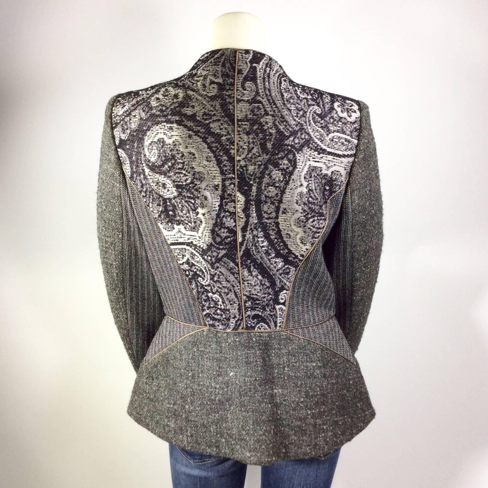 Etro Grey Wool and Black Brocade Blazer with Taupe Trim In Excellent Condition For Sale In Narberth, PA