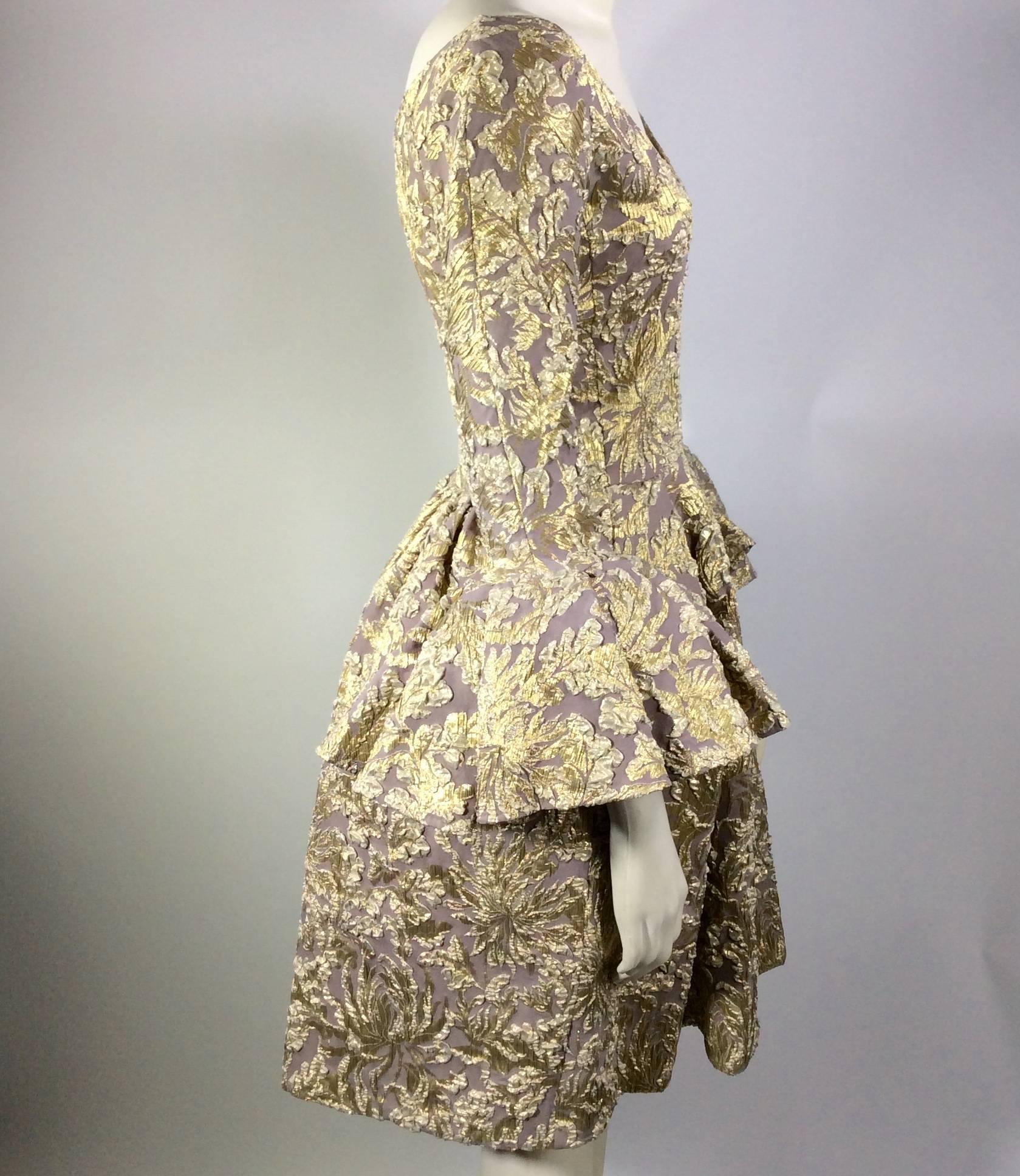 Brown Rochas Mauve and Gold Brocade Gown with Ruffled Sleeves For Sale