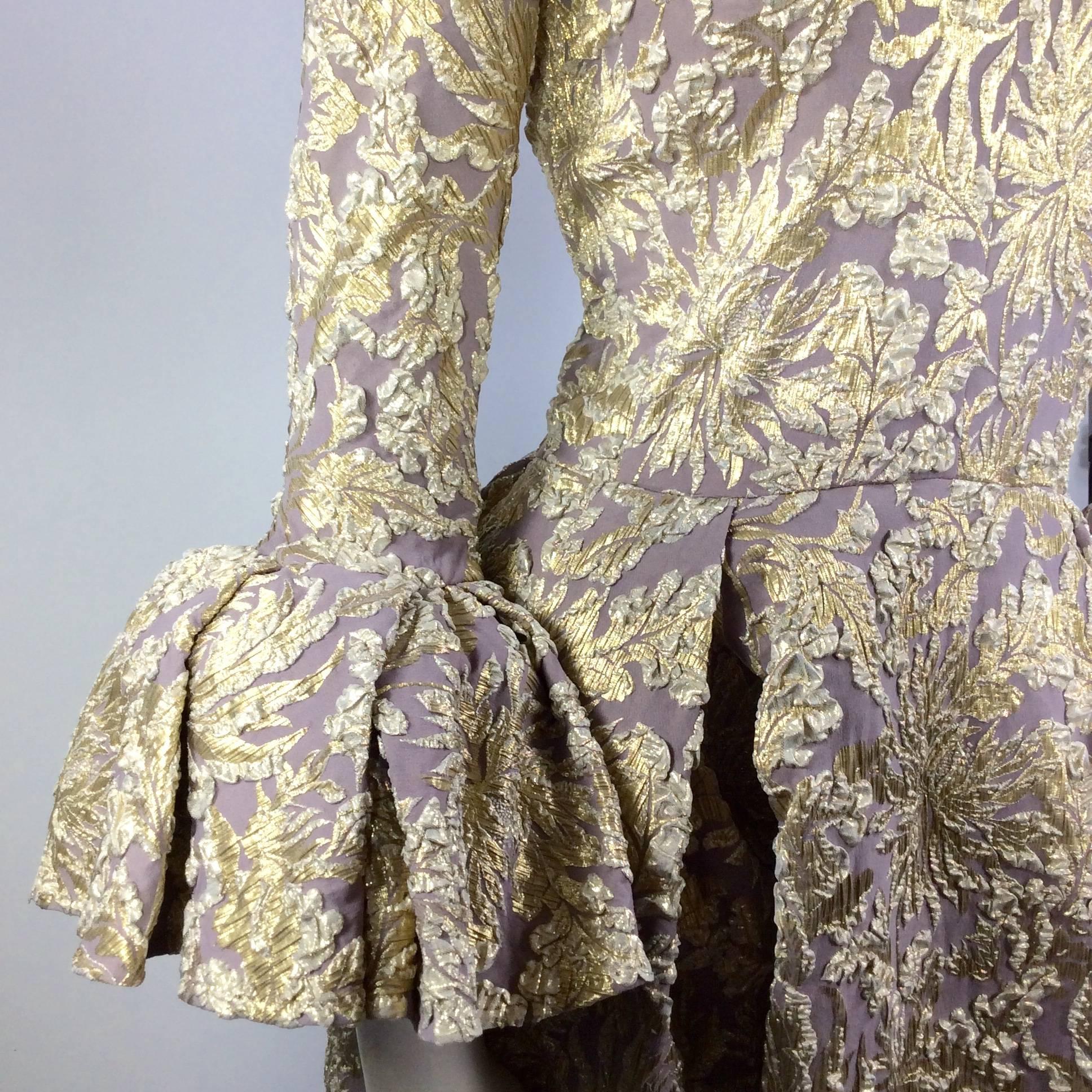 Women's Rochas Mauve and Gold Brocade Gown with Ruffled Sleeves For Sale