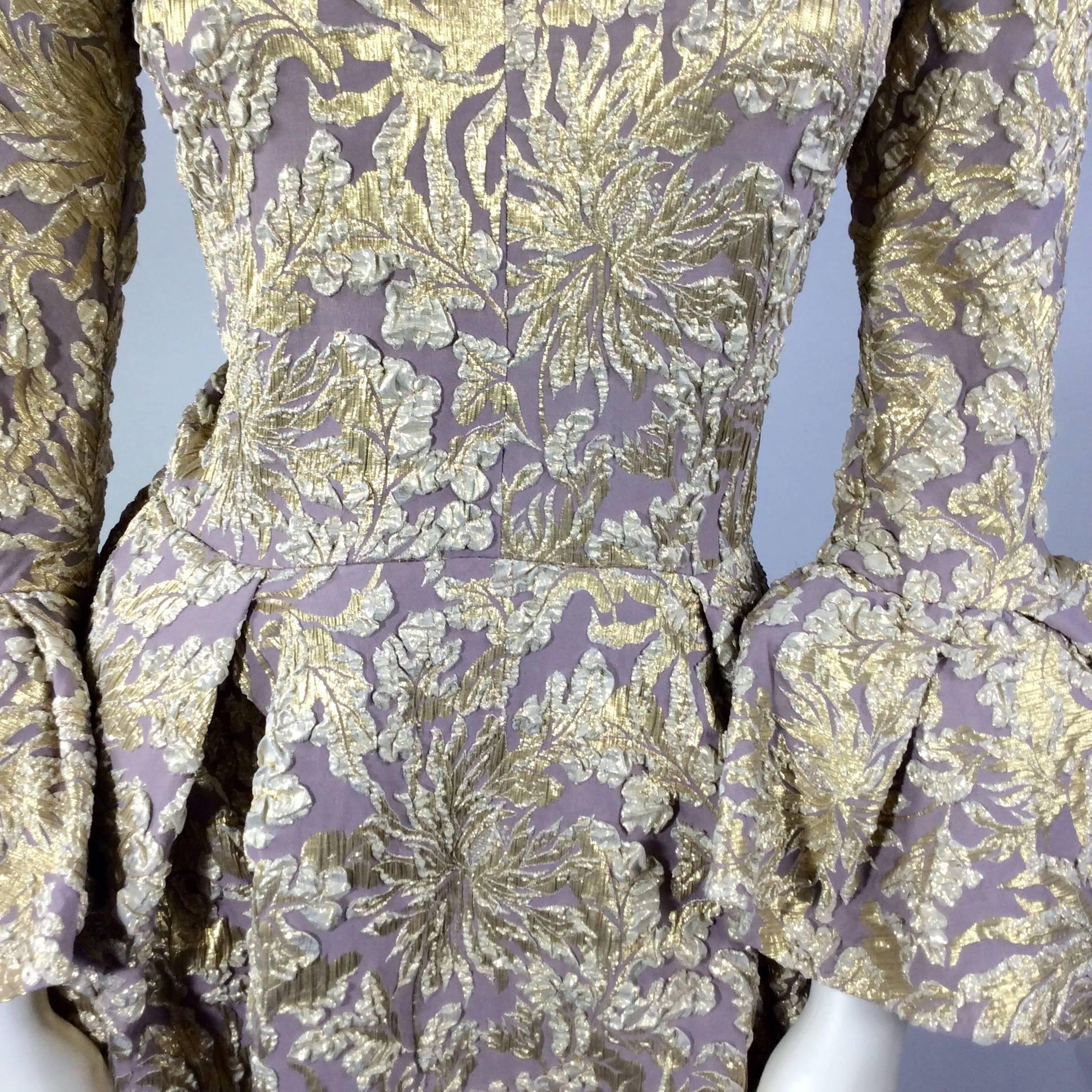 Rochas Mauve and Gold Brocade Gown with Ruffled Sleeves For Sale 1
