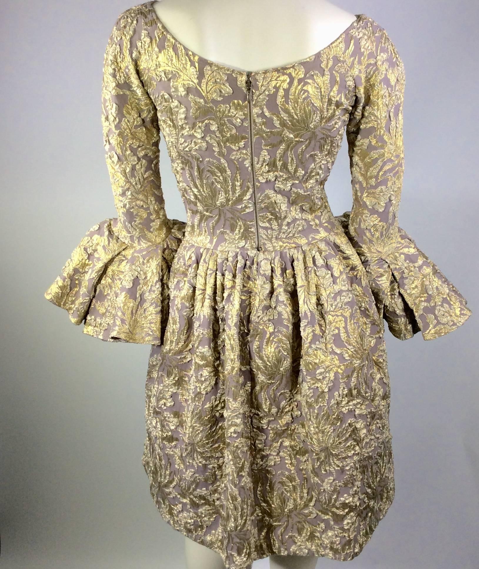 Rochas Mauve and Gold Brocade Gown with Ruffled Sleeves In Excellent Condition For Sale In Narberth, PA