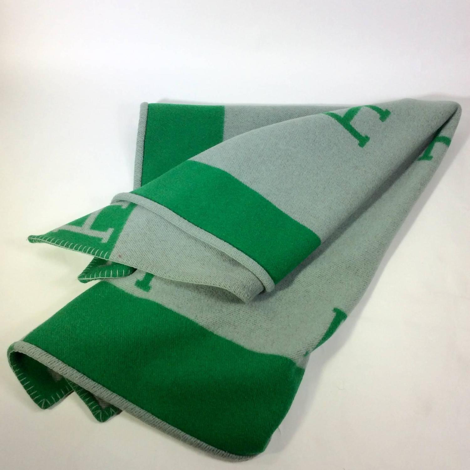 Hermes Green and Grey Wool Avalon Blanket at 1stdibs