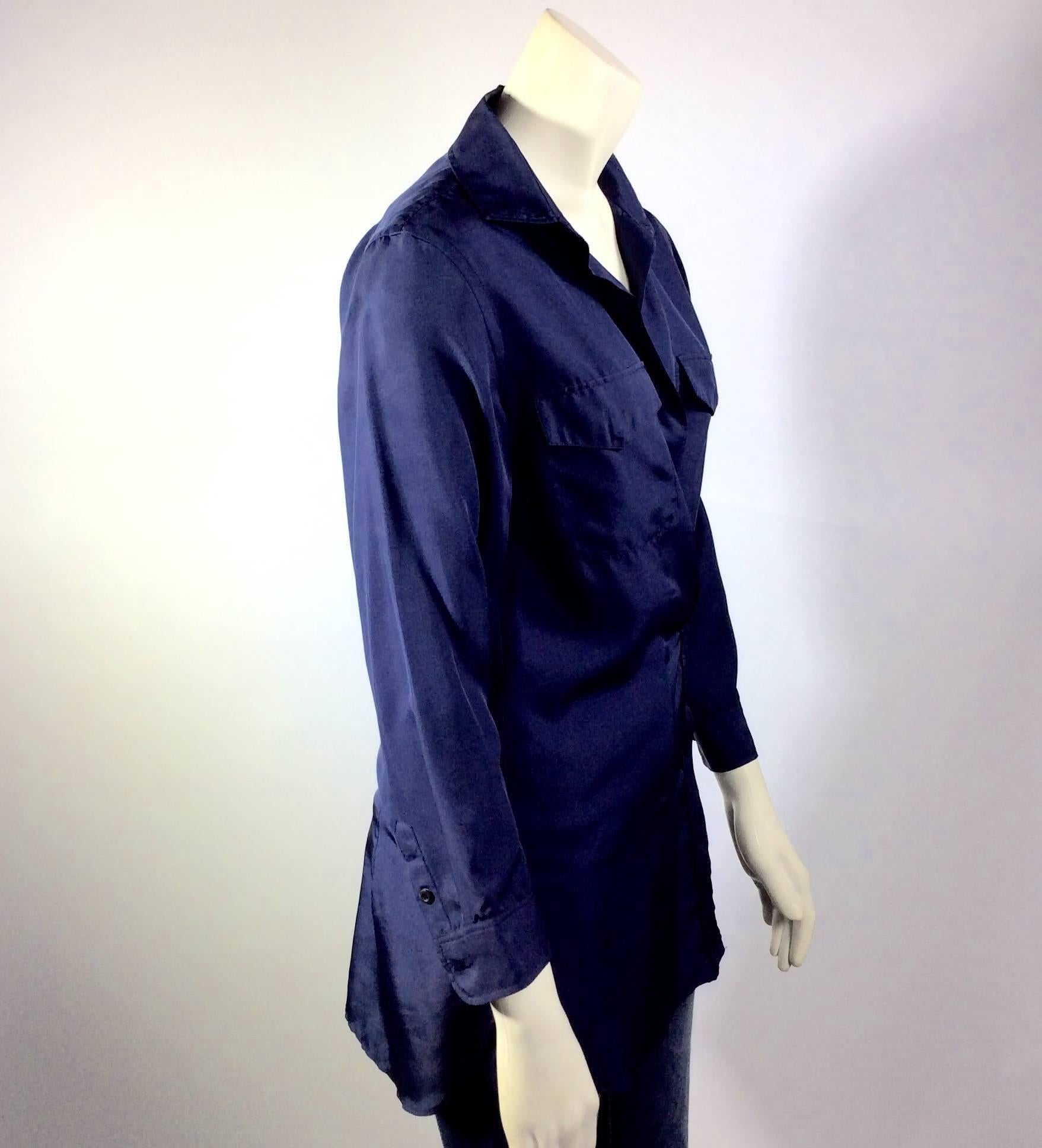 Black Prada Navy Drapable Button Up Blouse For Sale