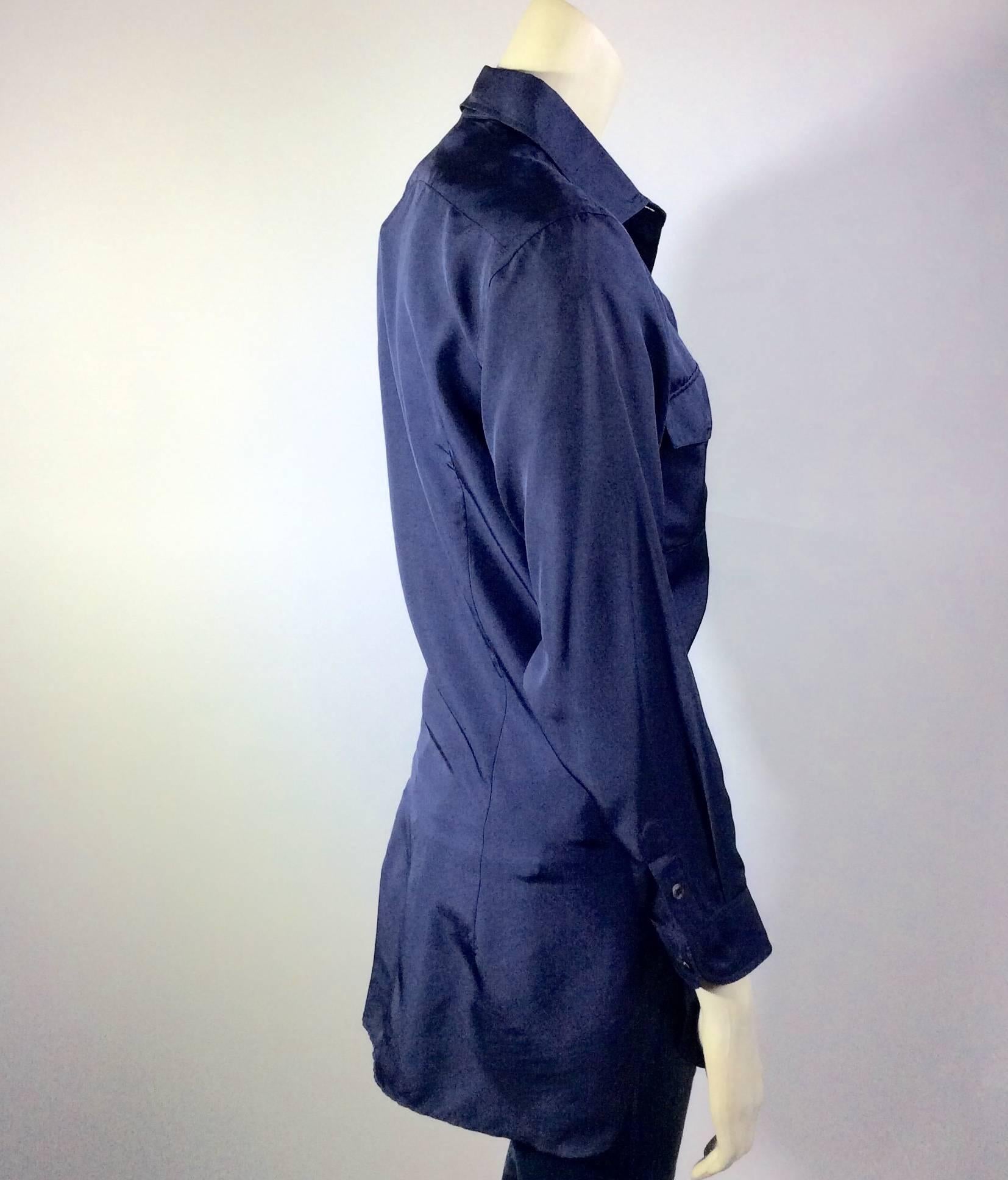 Prada Navy Drapable Button Up Blouse In Excellent Condition For Sale In Narberth, PA