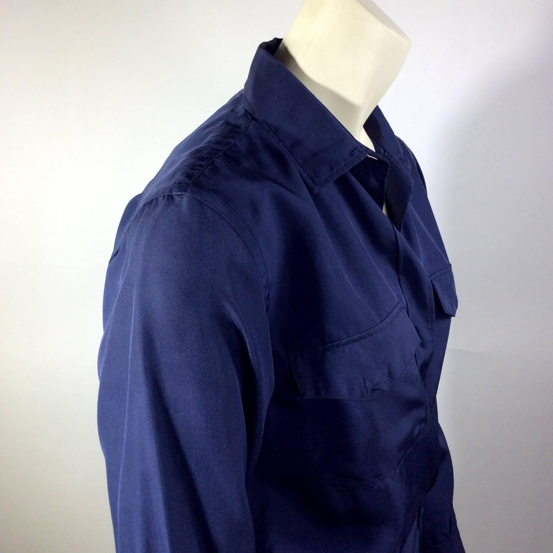 Prada Navy Drapable Button Up Blouse For Sale 1