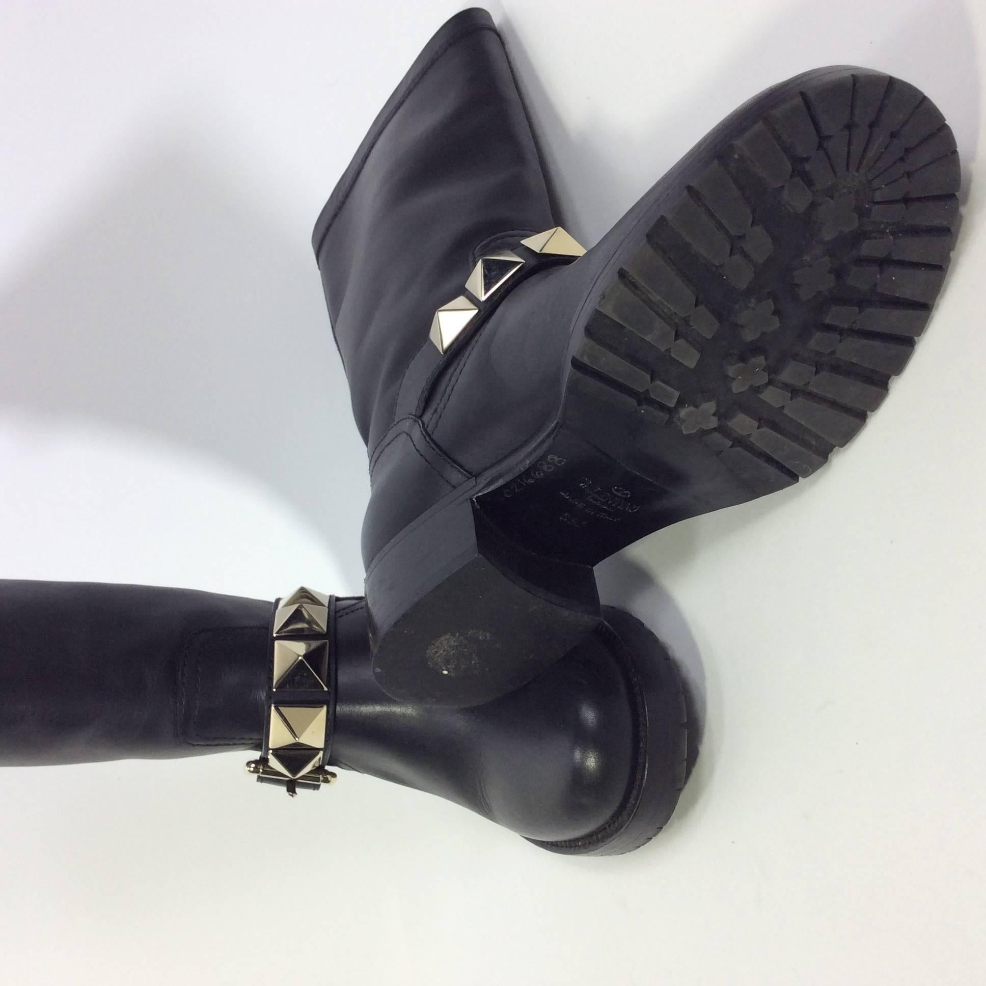 Valentino Black Leather Calf Boots with Silver Studs In Excellent Condition In Narberth, PA