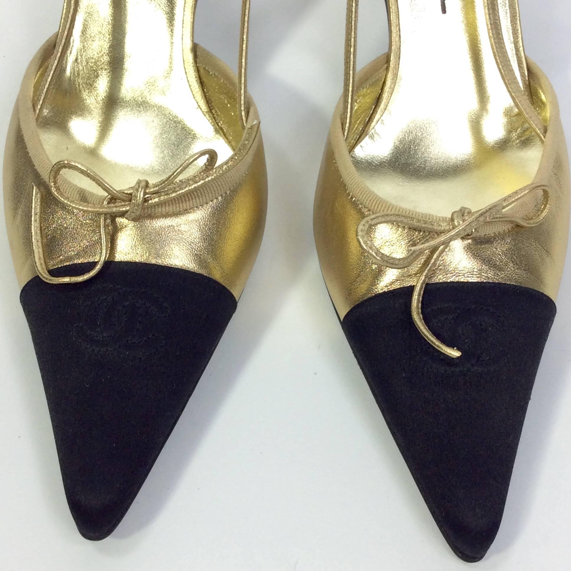 Chanel Gold and Black Slingback with Tie Detail For Sale 1