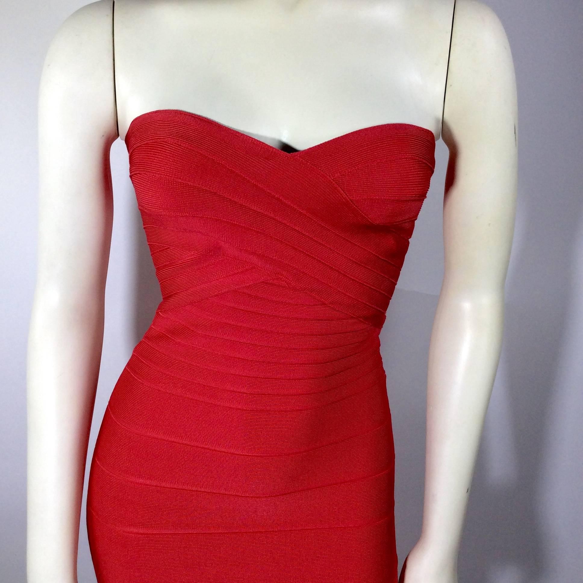 Herve Leger Red Strapless Bandage Dress In Good Condition For Sale In Narberth, PA