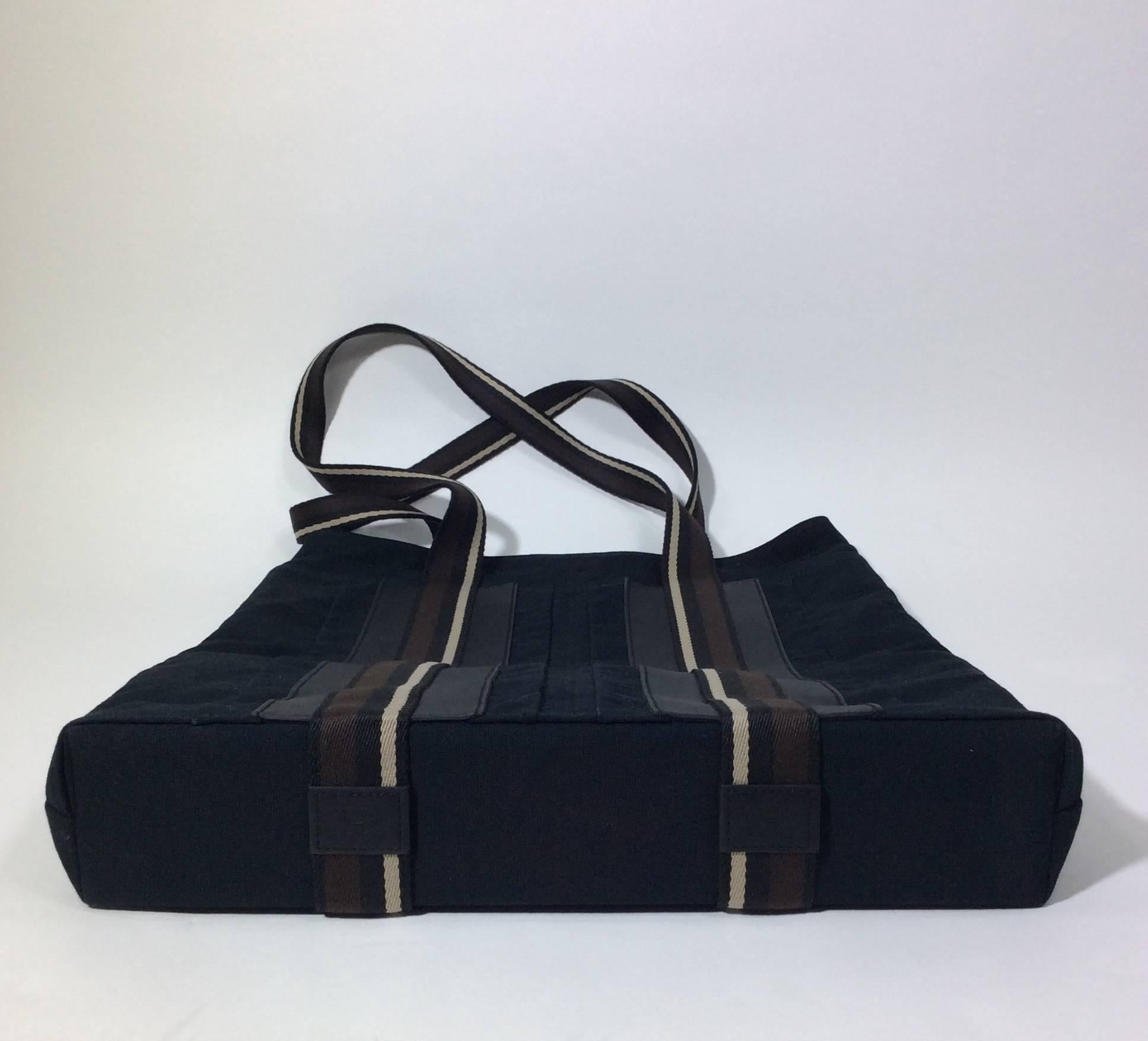 Hermes Black Canvas Leather Stripped Tote 1