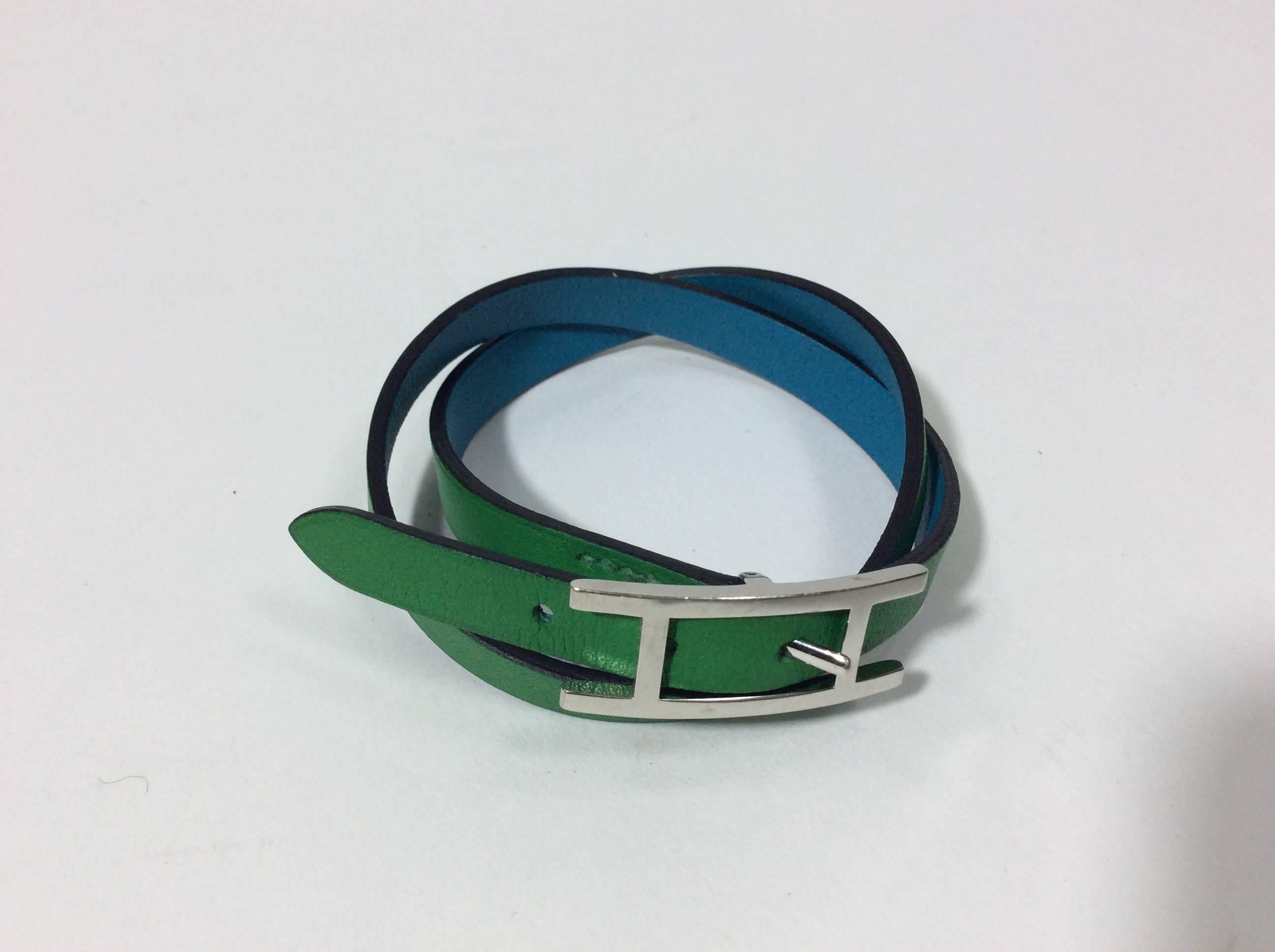 Blue Hermes Wrap Leather Buckle Adjustable Bracelet For Sale