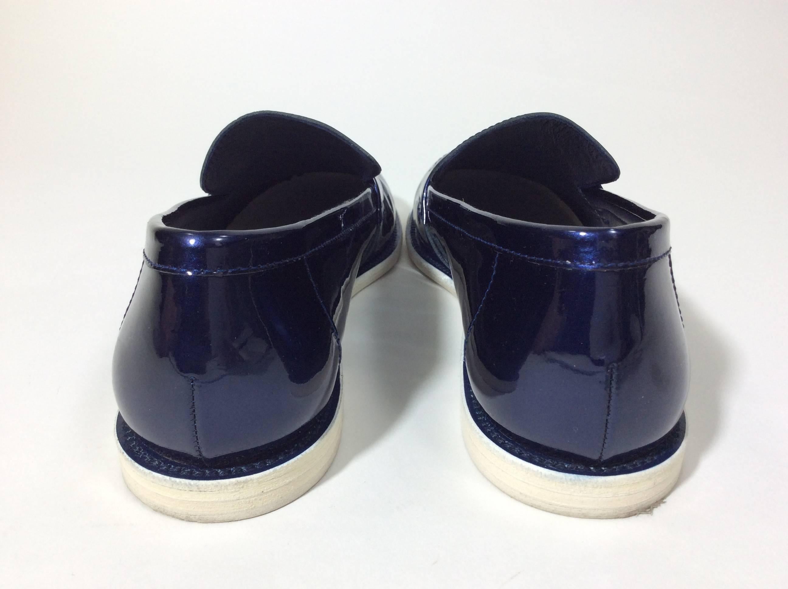 Women's Chanel Patent Leather Midnight Blue Loafer Shoe For Sale