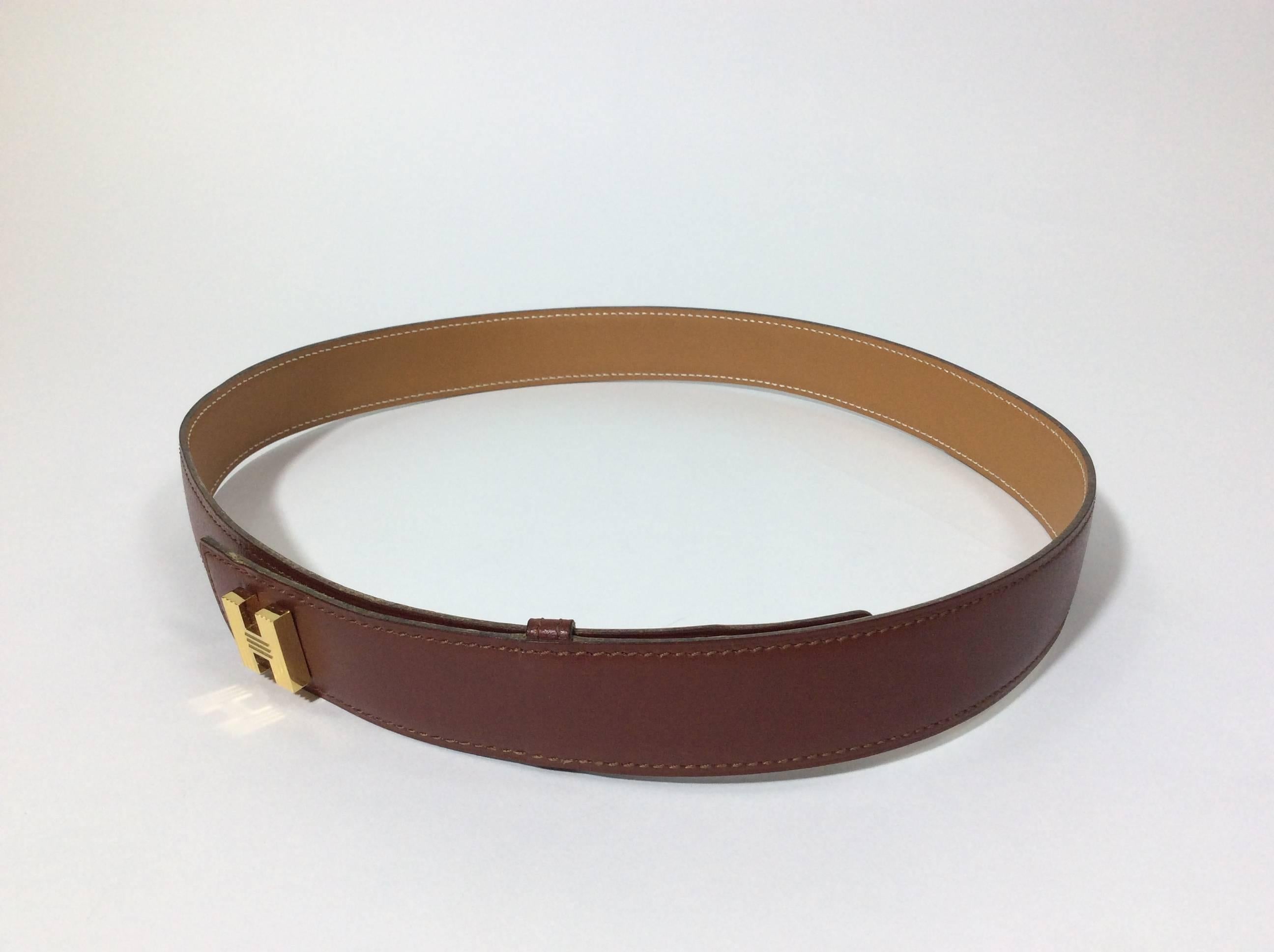 Hermes Burgundy Leather Belt with Goldtone H Buckle In Excellent Condition In Narberth, PA