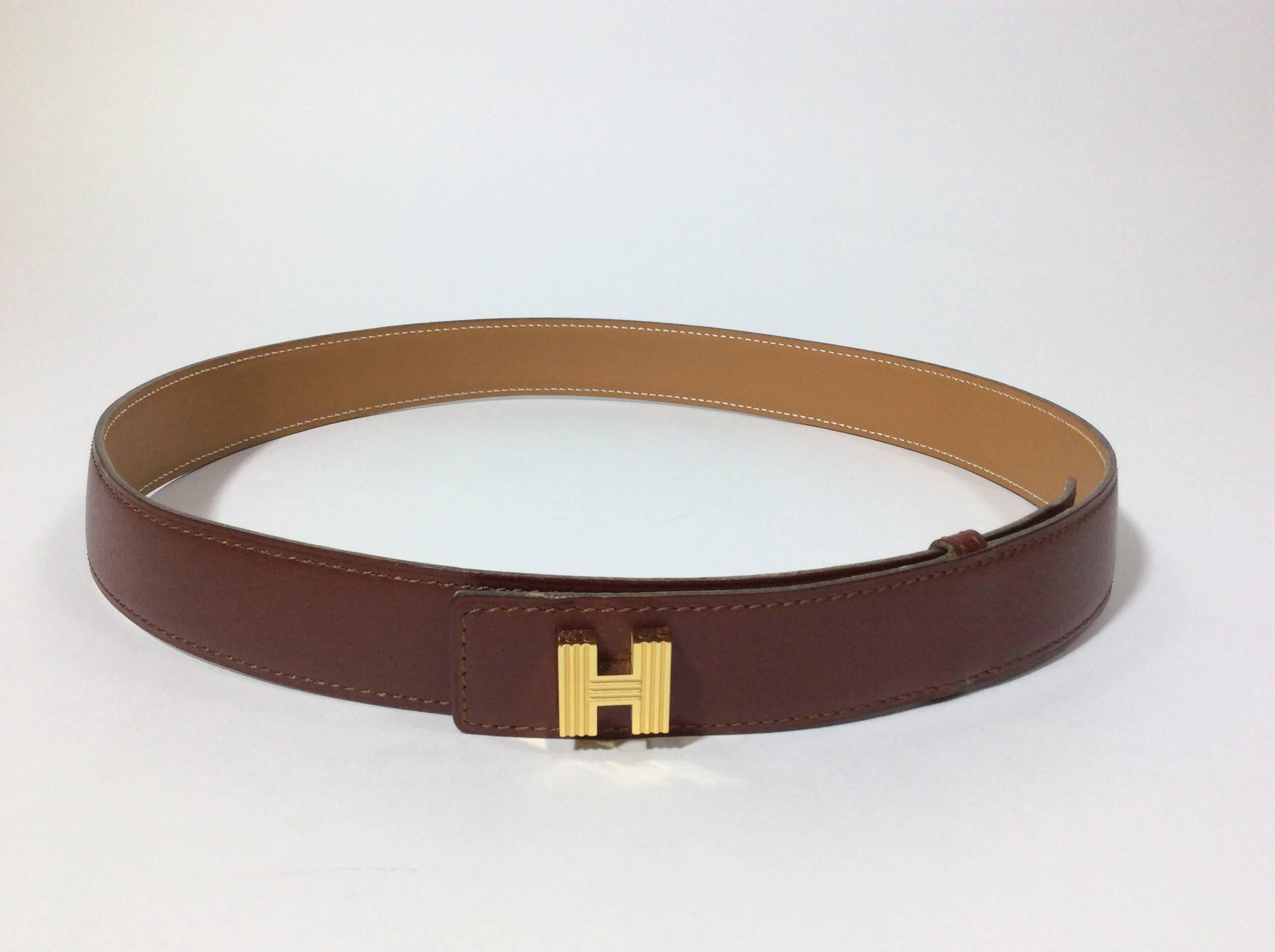 Brown Hermes Burgundy Leather Belt with Goldtone H Buckle