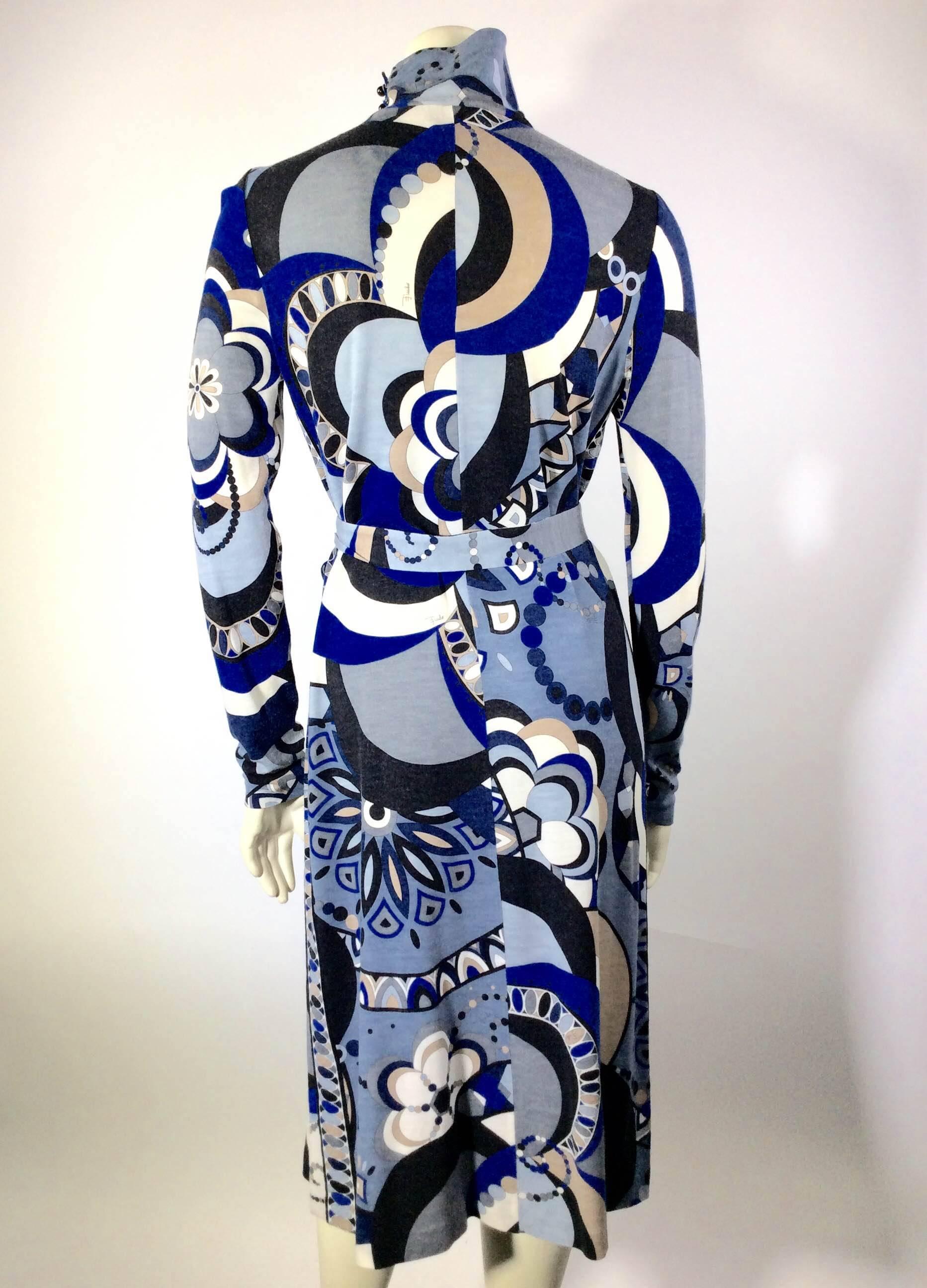 Emilio Pucci Vintage Blue Print High Neck Dress In Good Condition In Narberth, PA