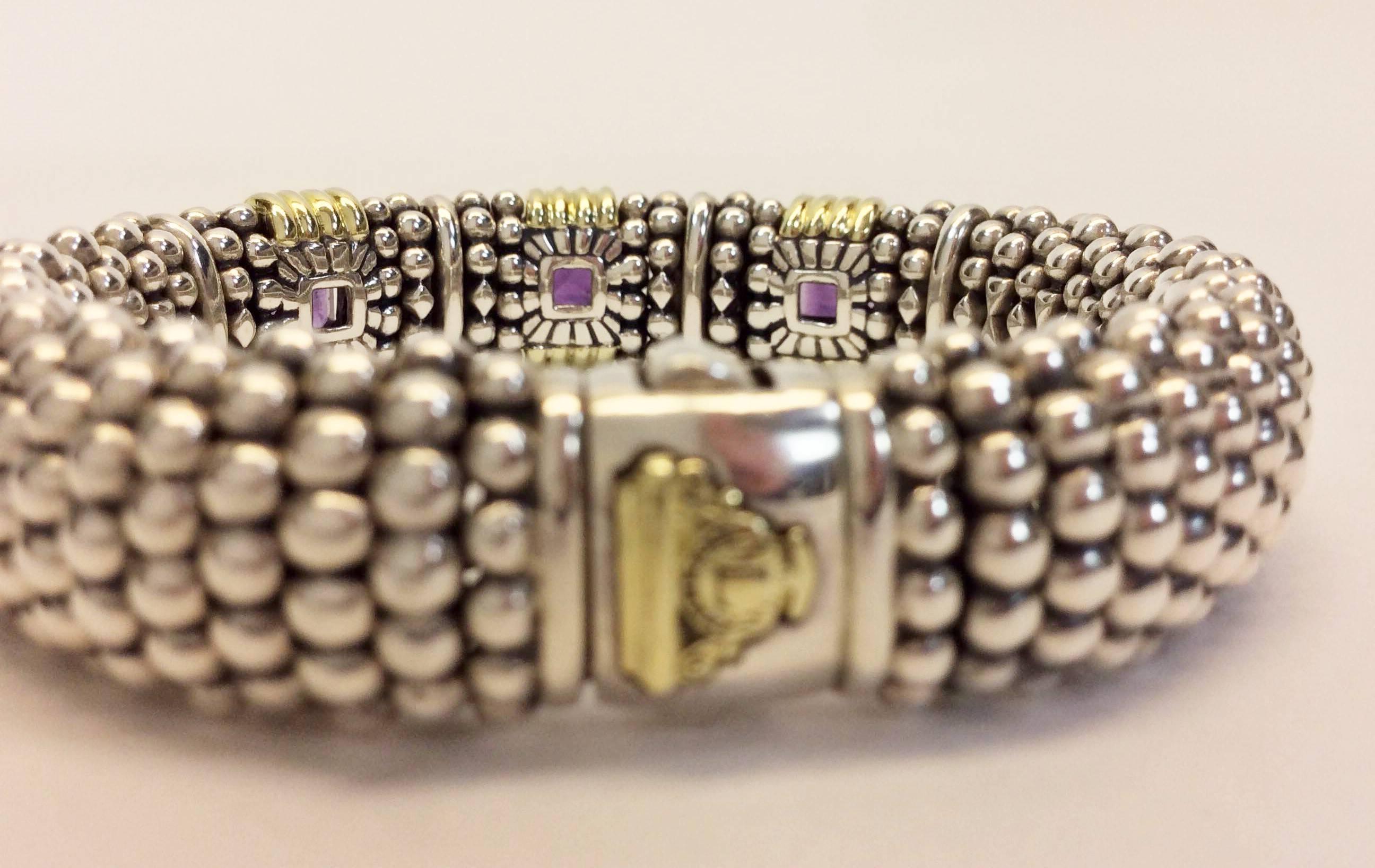 Lagos Caviar Sterling Silver, 18K Yellow Gold, Amethyst Beaded Bracelet In Excellent Condition In Narberth, PA
