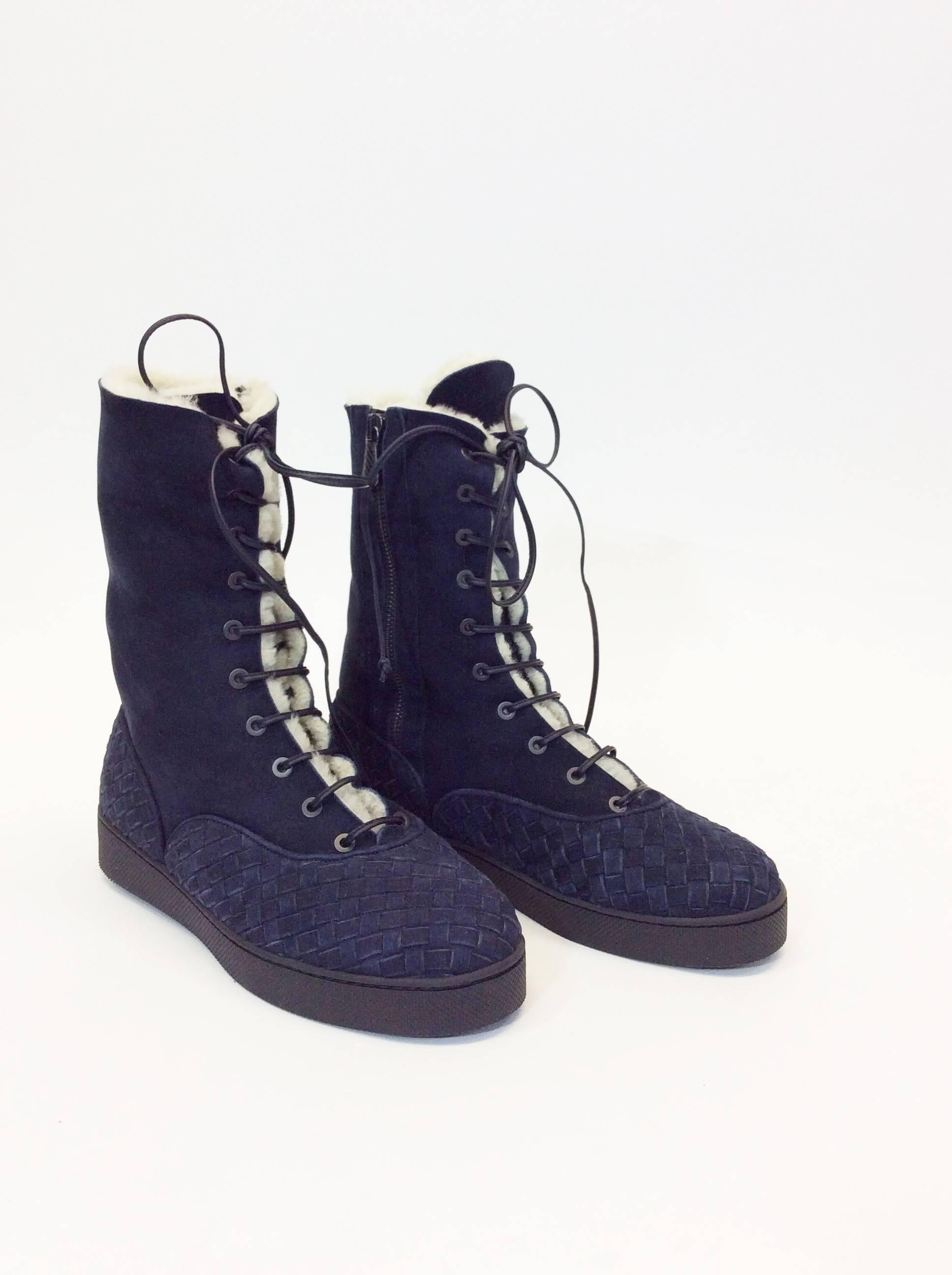 Black Bottega Venetta Navy Woven Suede Boot For Sale