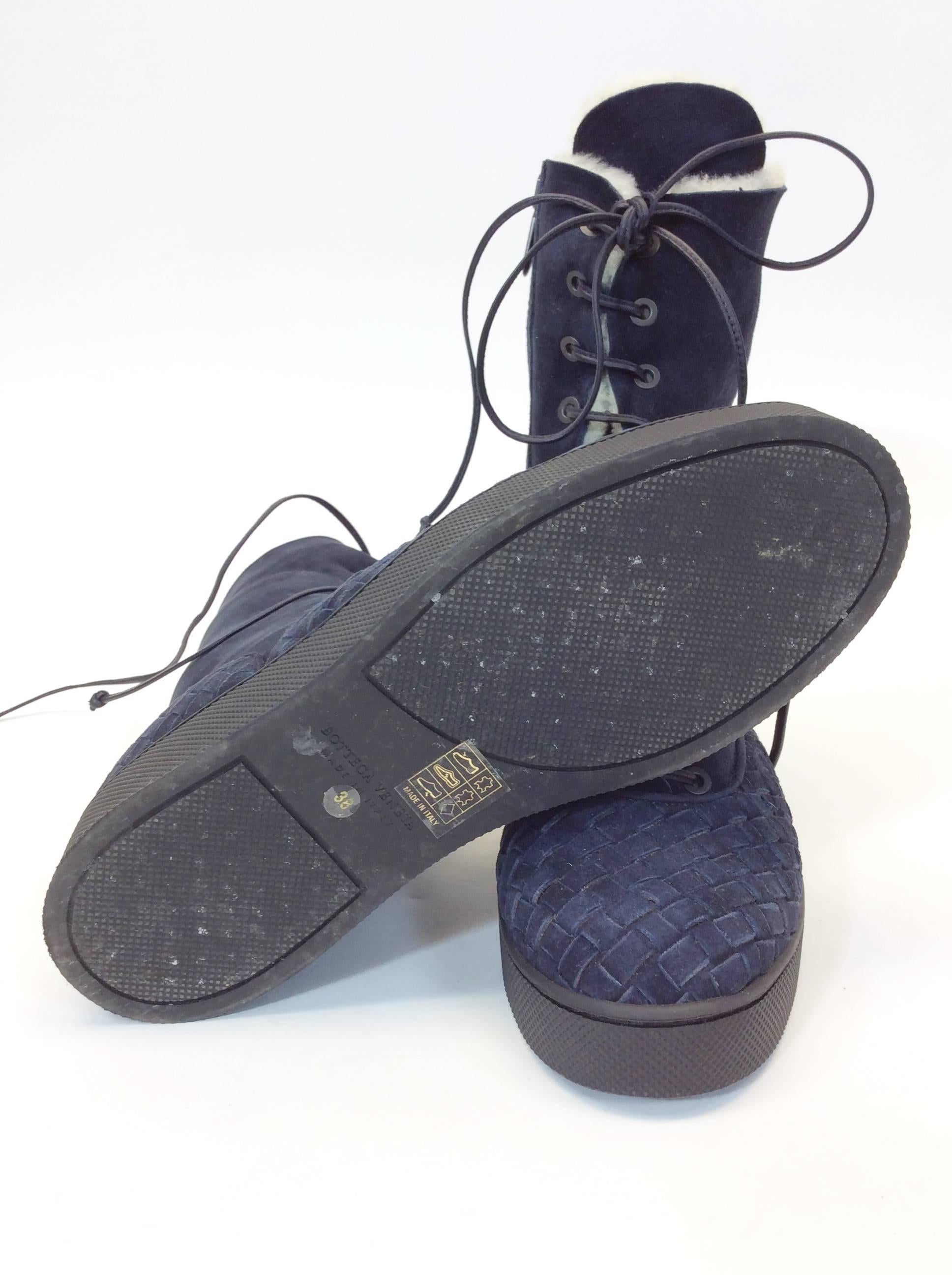 Bottega Venetta Navy Woven Suede Boot For Sale 2