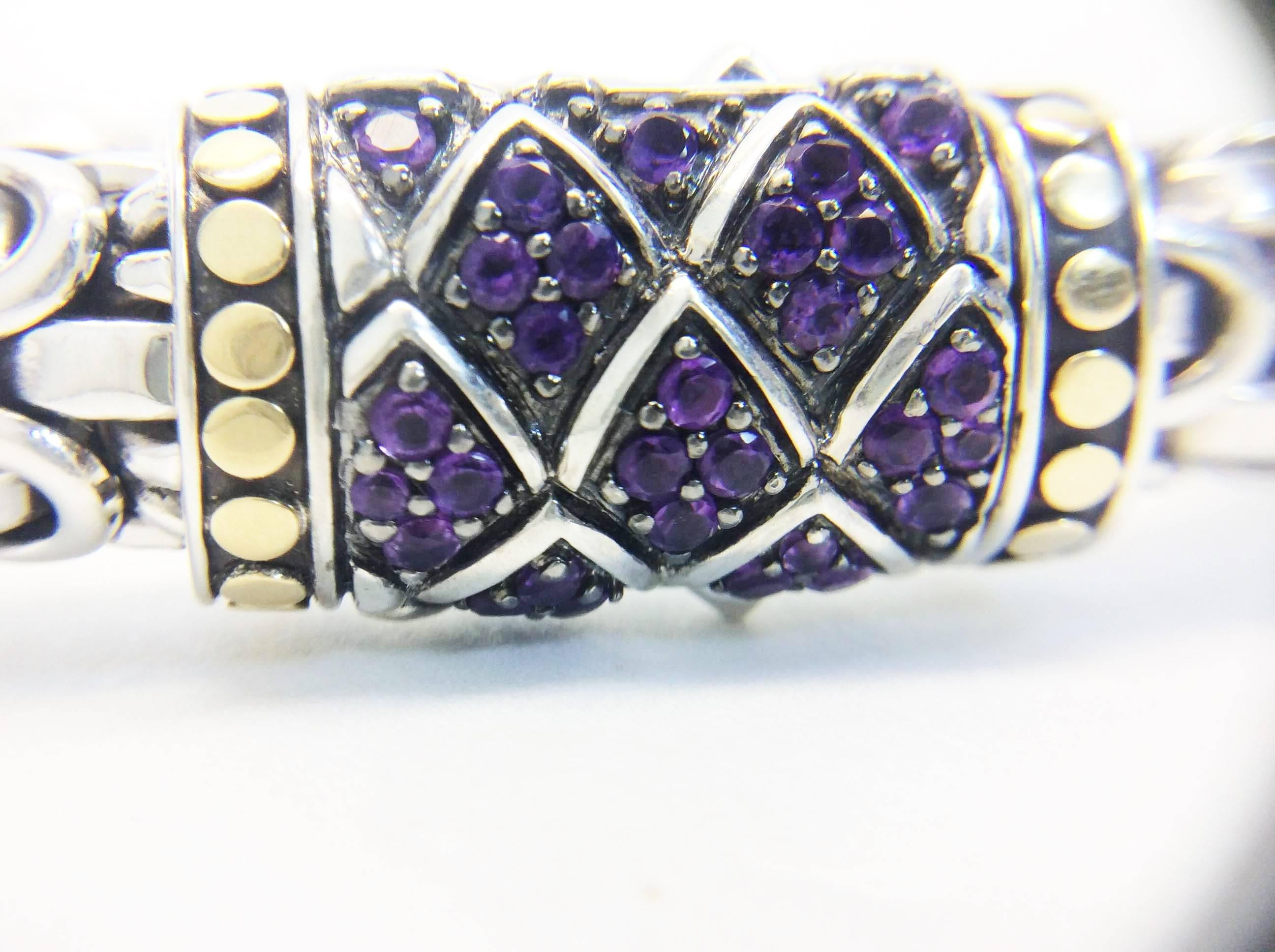 John Hardy Sterling Silver, Amethyst and 18K Gold Bracelet In Excellent Condition In Narberth, PA