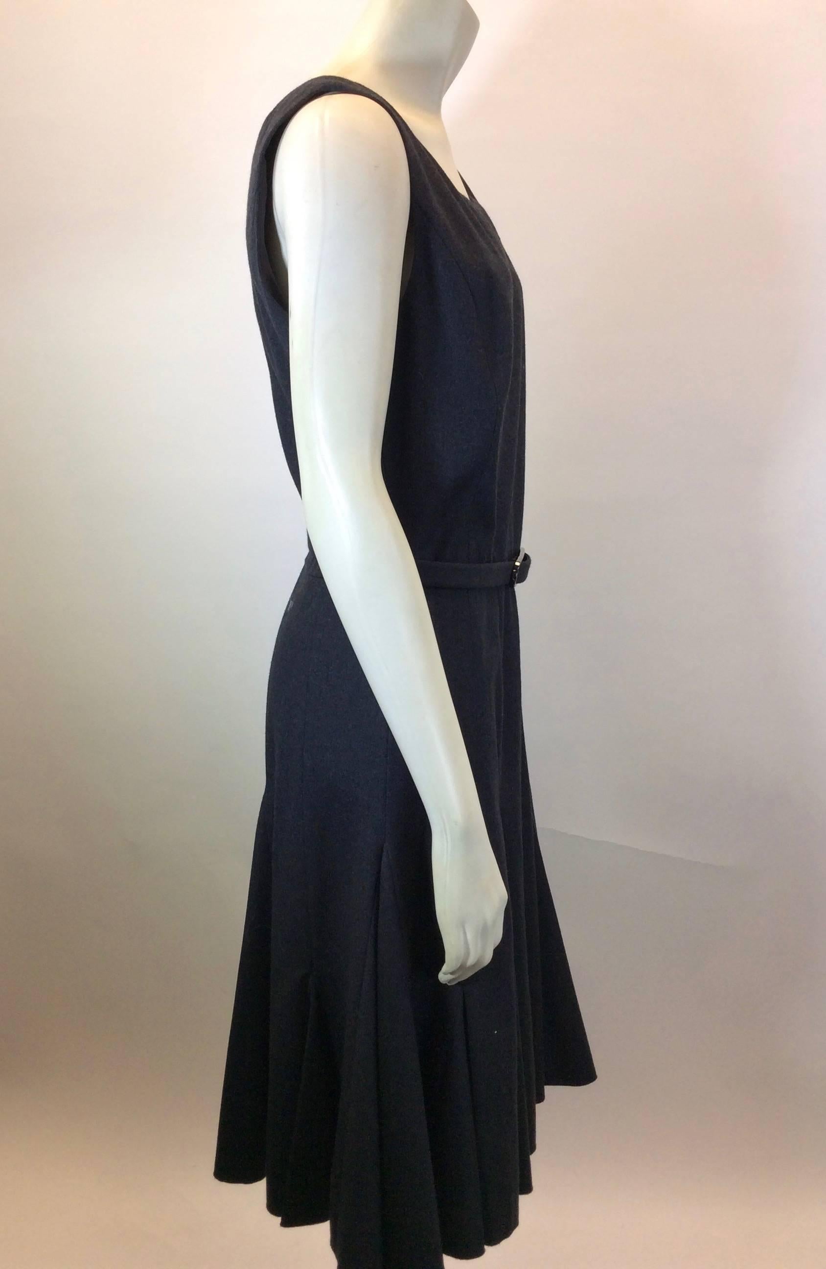 Black Oscar De La Renta Dark Grey Wool Belted Dress For Sale