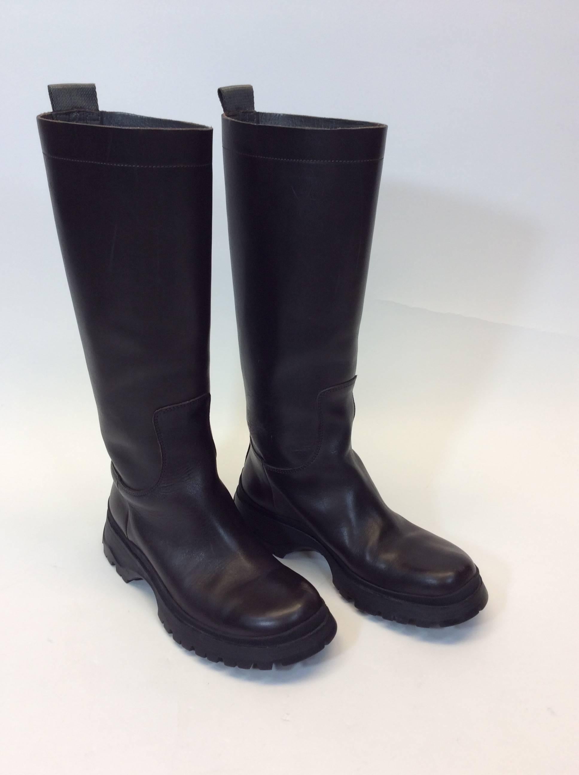 Prada Black Leather Knee High Outdoor Boots In New Condition In Narberth, PA