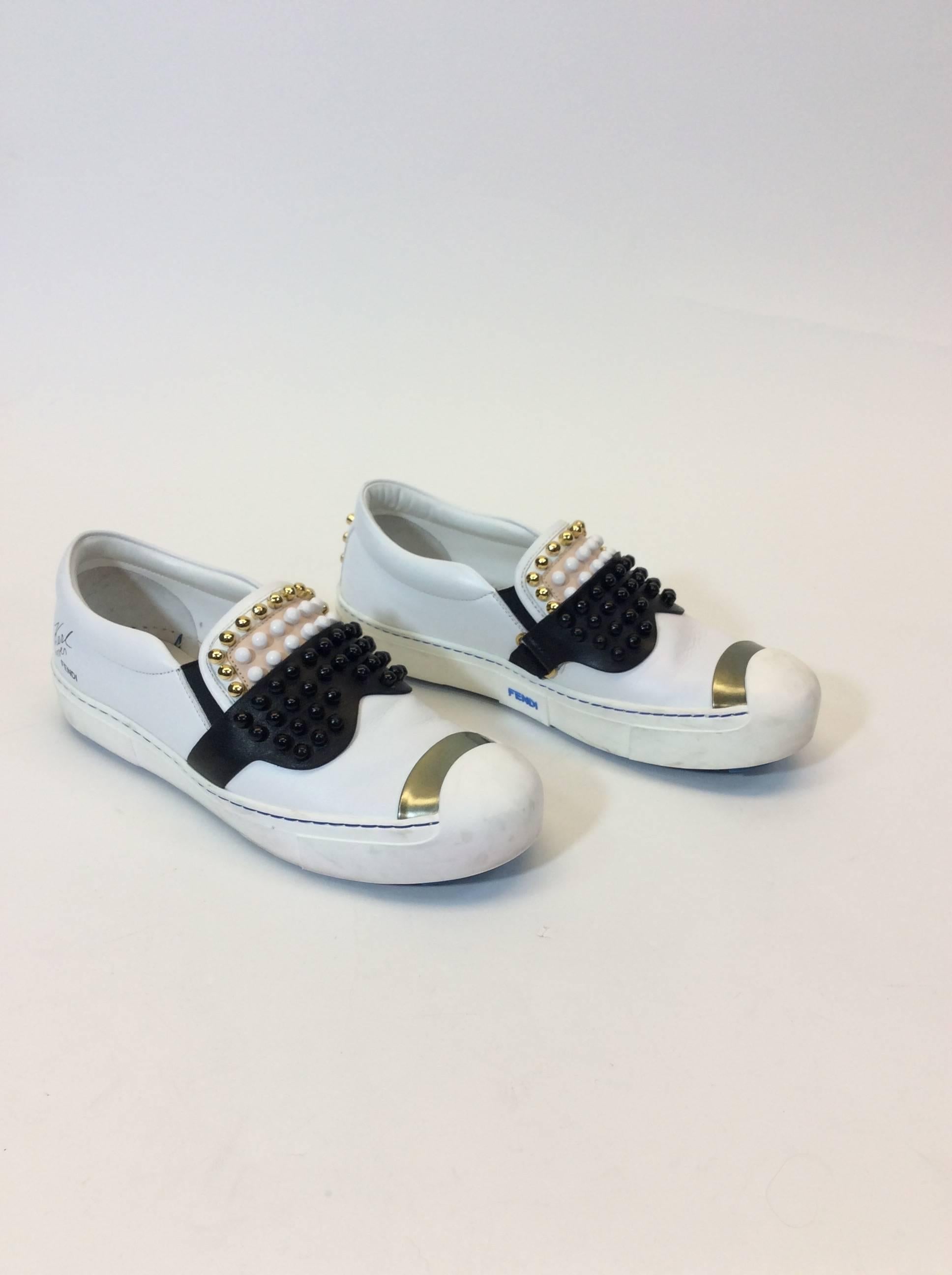 Gray Fendi Karl Studded Leather Sneakers For Sale