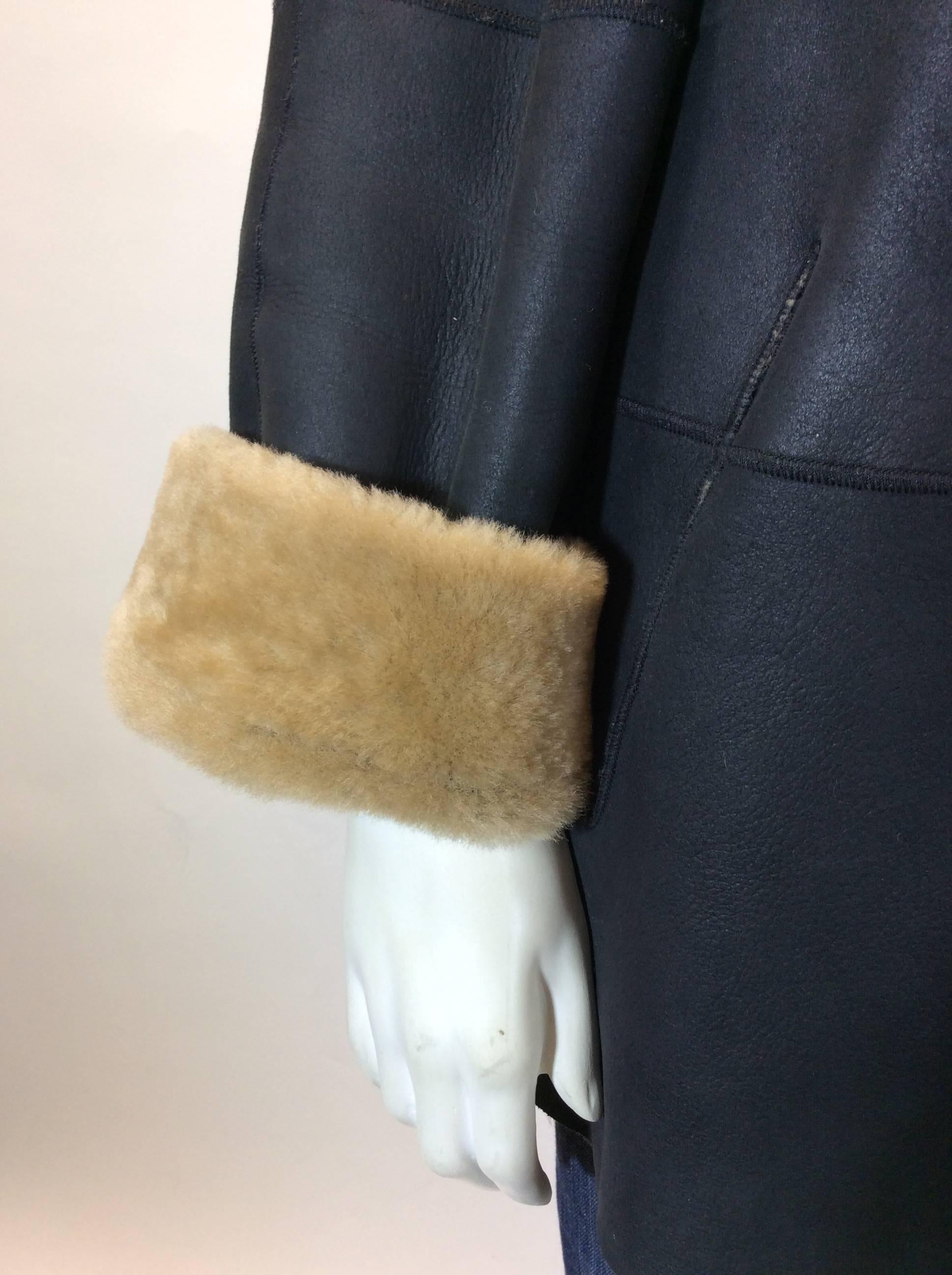 Beige Autunno Collezione Shearling Deep Brown Suede Tan Sheepskin Lined Hooded Coat For Sale