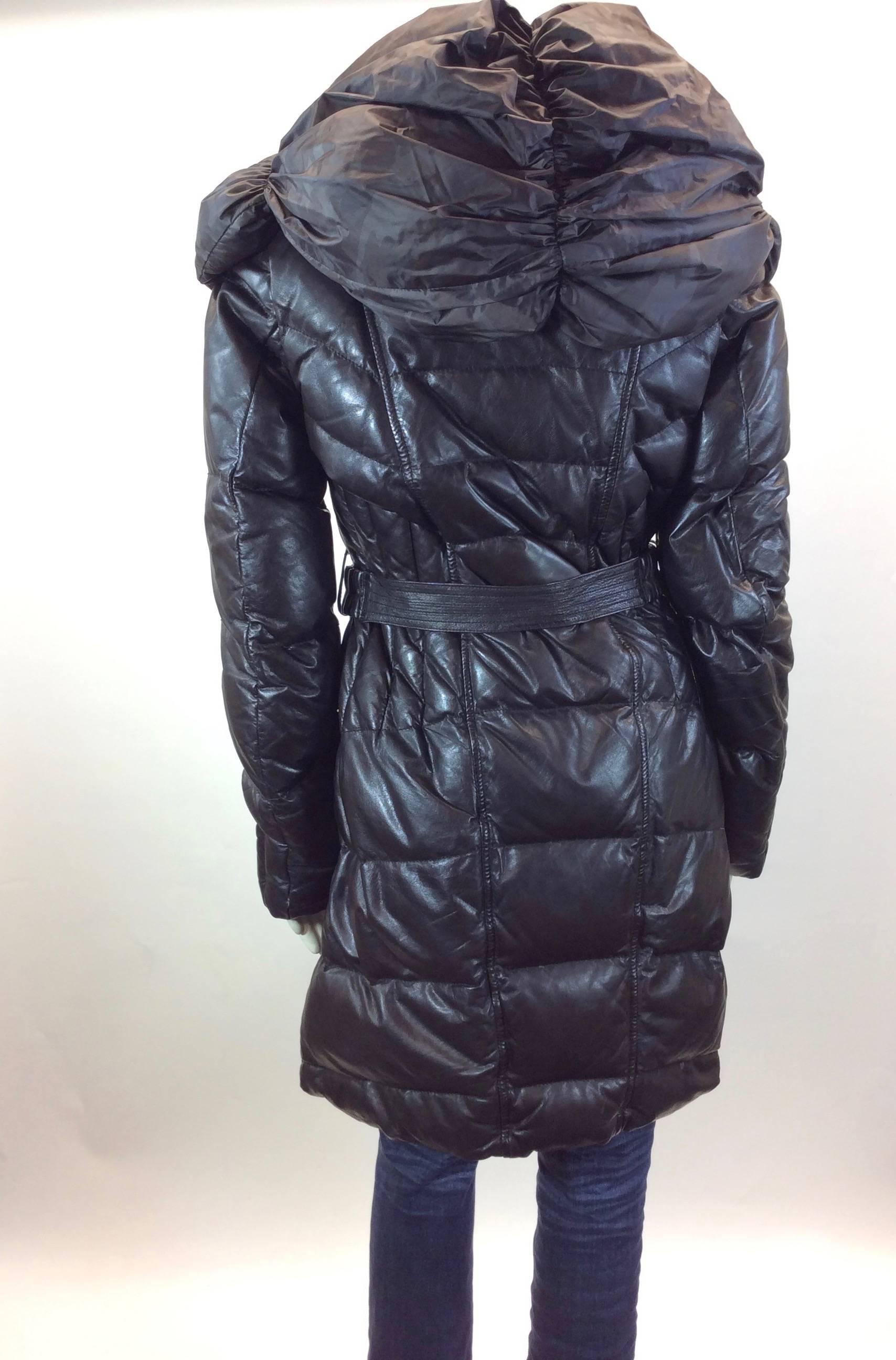 Women's Fontanelli Brown Leather and Nylon Belted Puffer Coat