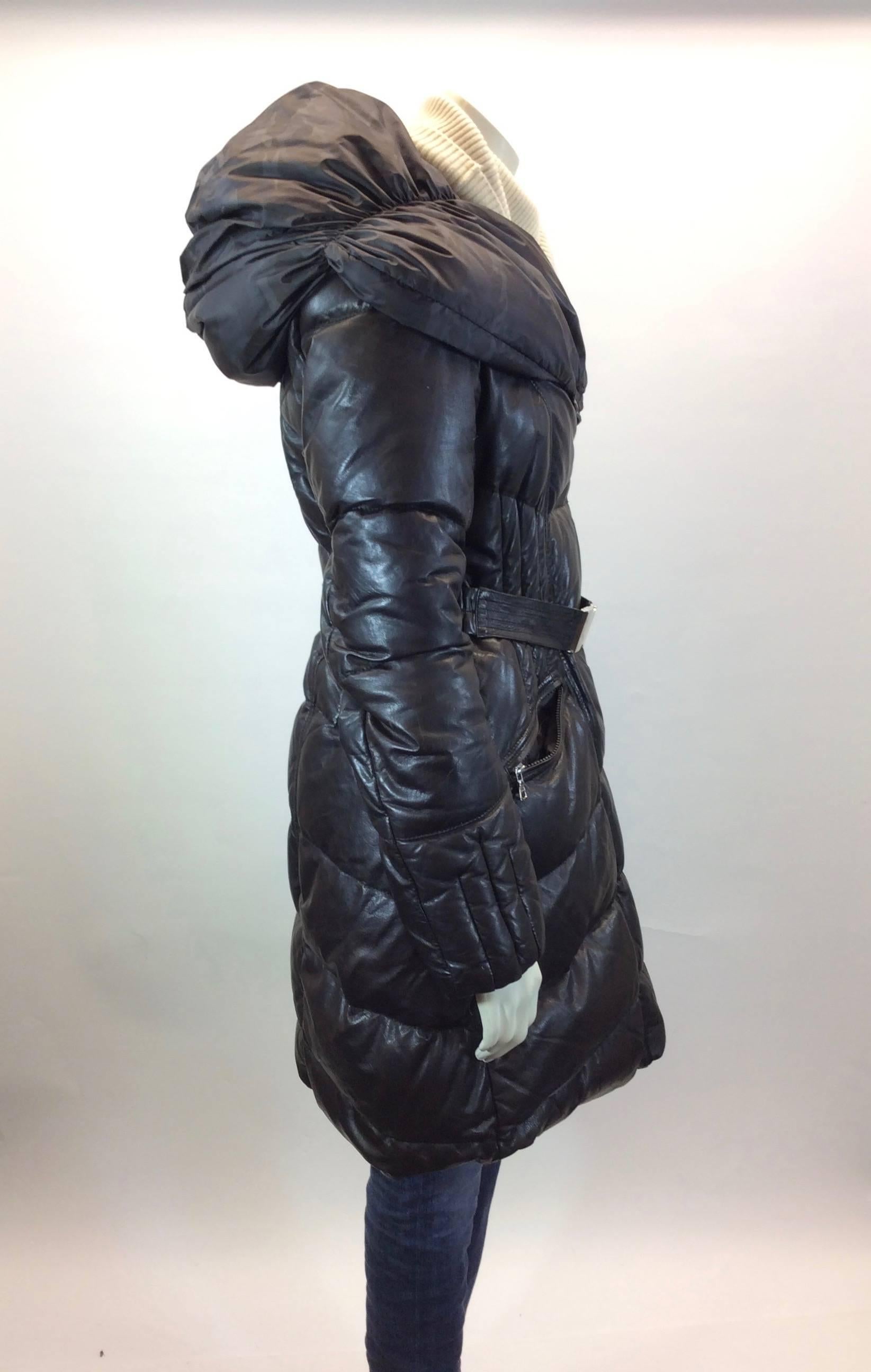 Fontanelli Brown Leather and Nylon Belted Puffer Coat In Excellent Condition In Narberth, PA