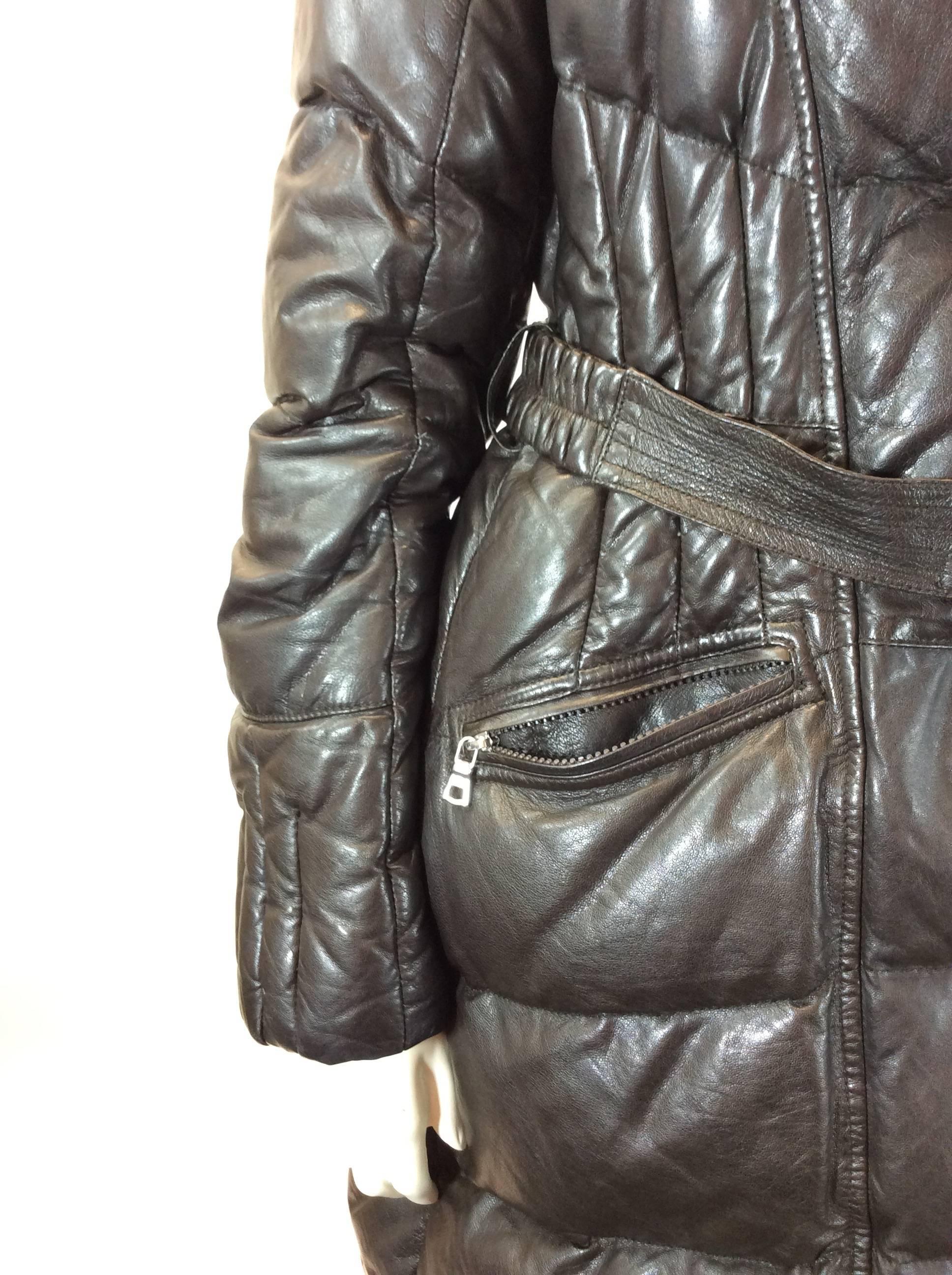 Fontanelli Brown Leather and Nylon Belted Puffer Coat 2