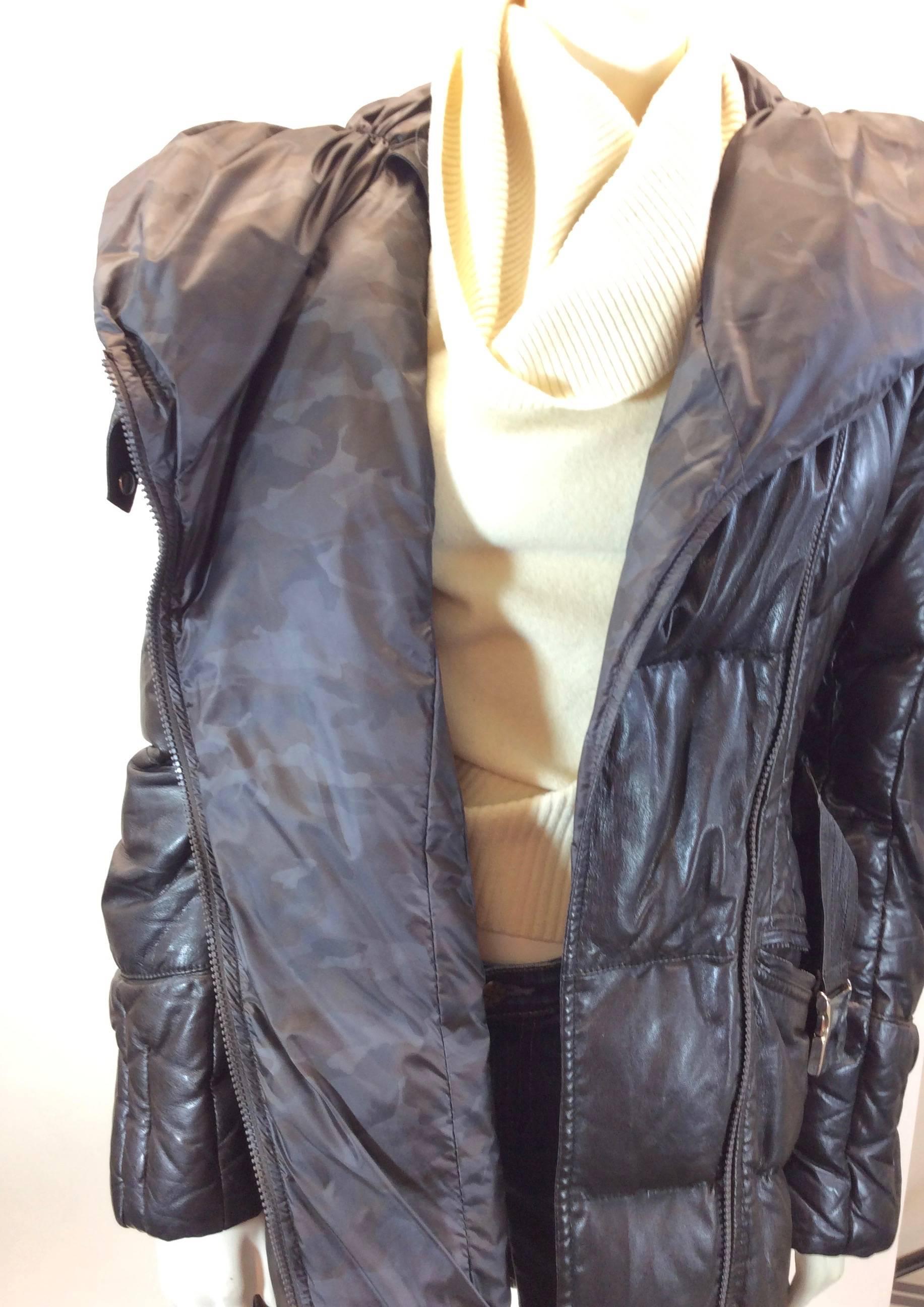 Fontanelli Brown Leather and Nylon Belted Puffer Coat 4