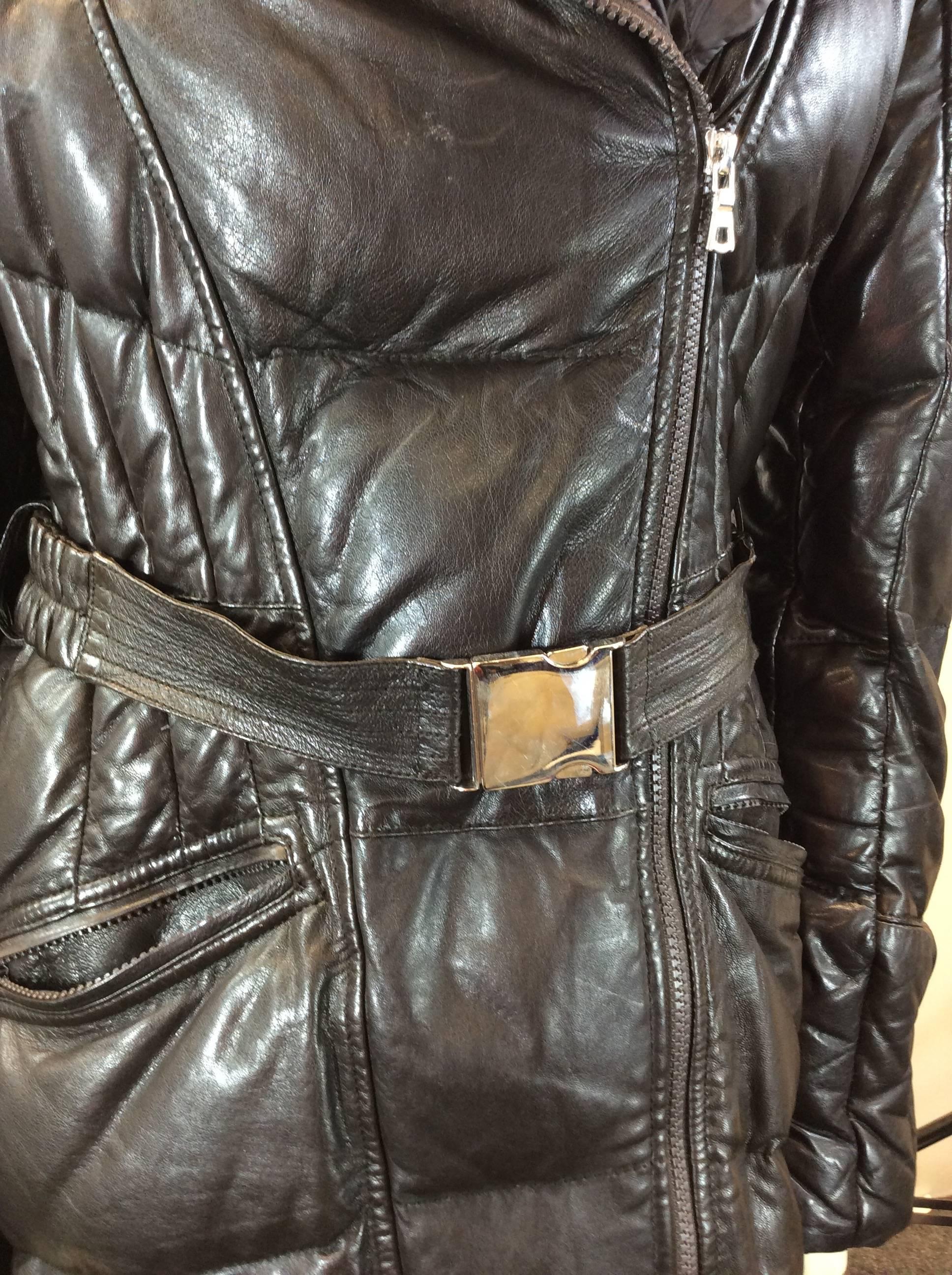 Fontanelli Brown Leather and Nylon Belted Puffer Coat 3