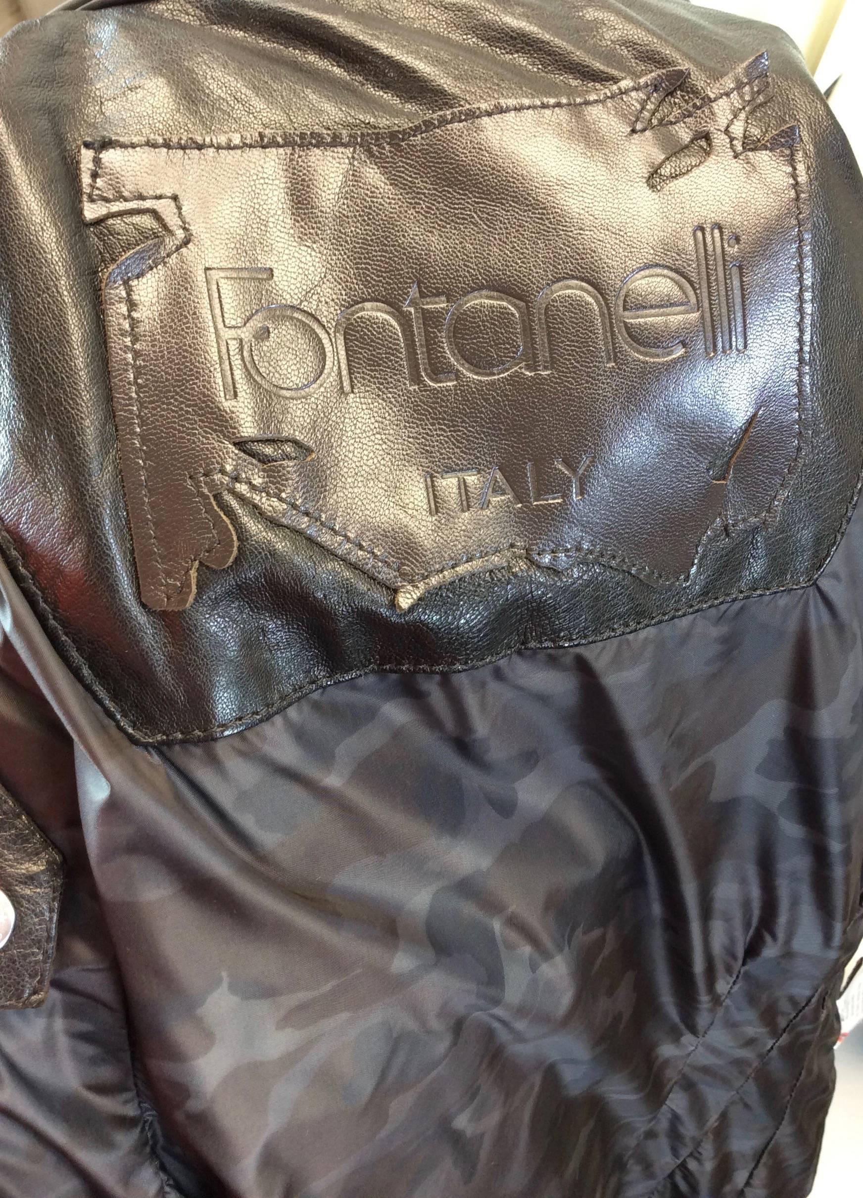Fontanelli Brown Leather and Nylon Belted Puffer Coat 5