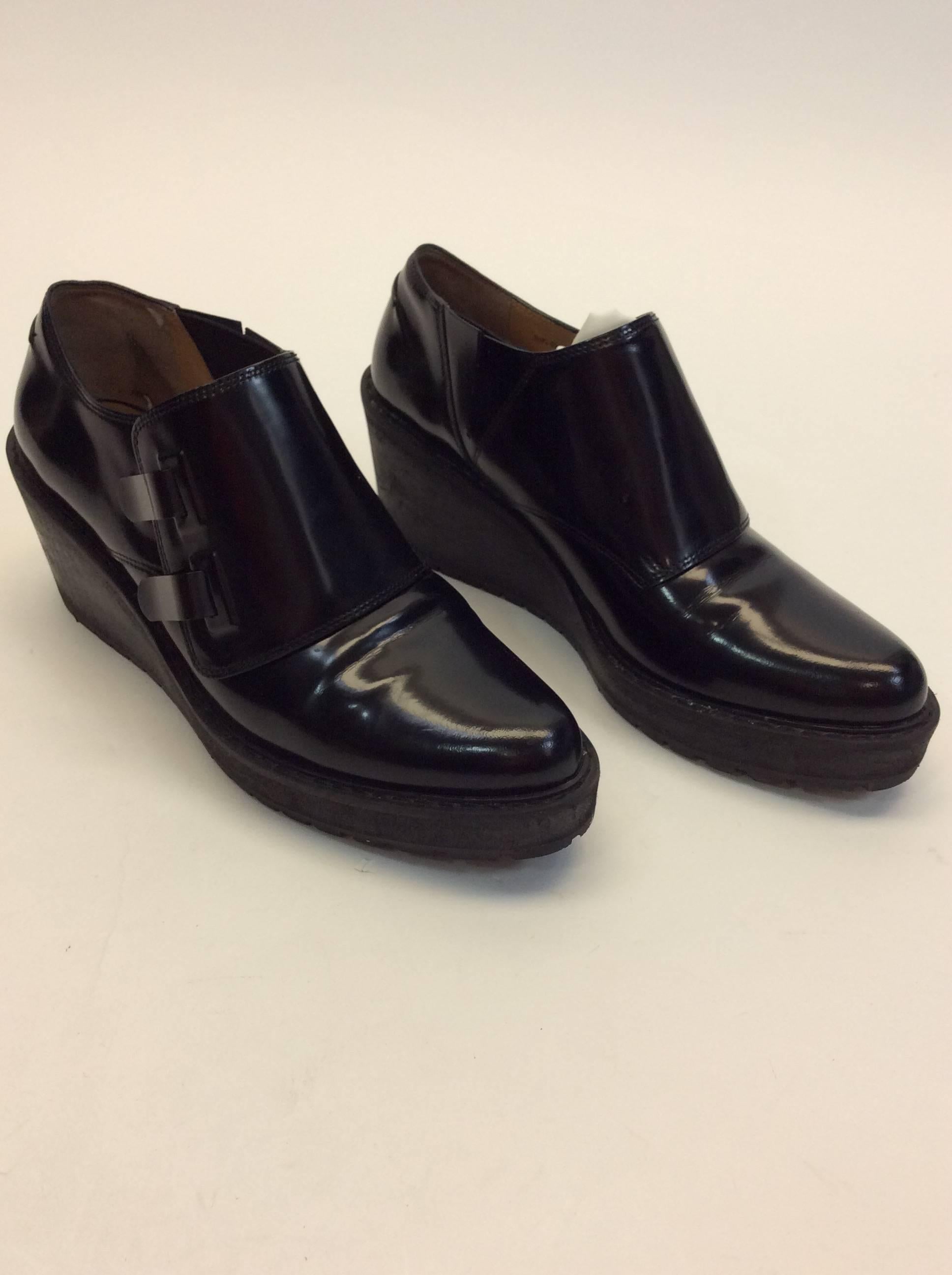 Phillip Lim Black Patent Loafer Wedge In Excellent Condition For Sale In Narberth, PA
